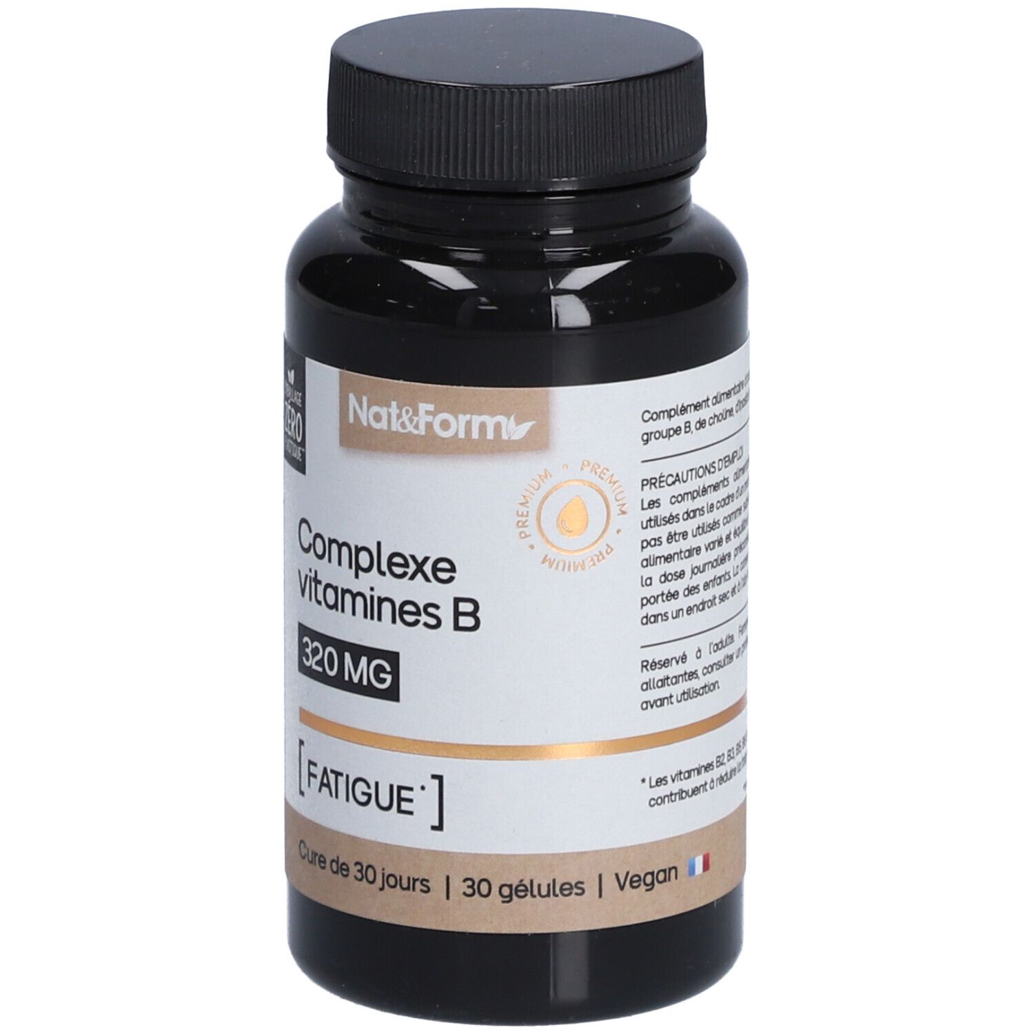 Braune Flasche mit schwarzem Deckel. Aufschrift: Complexe vitamines B, 320 MG, [FATIGUE].
