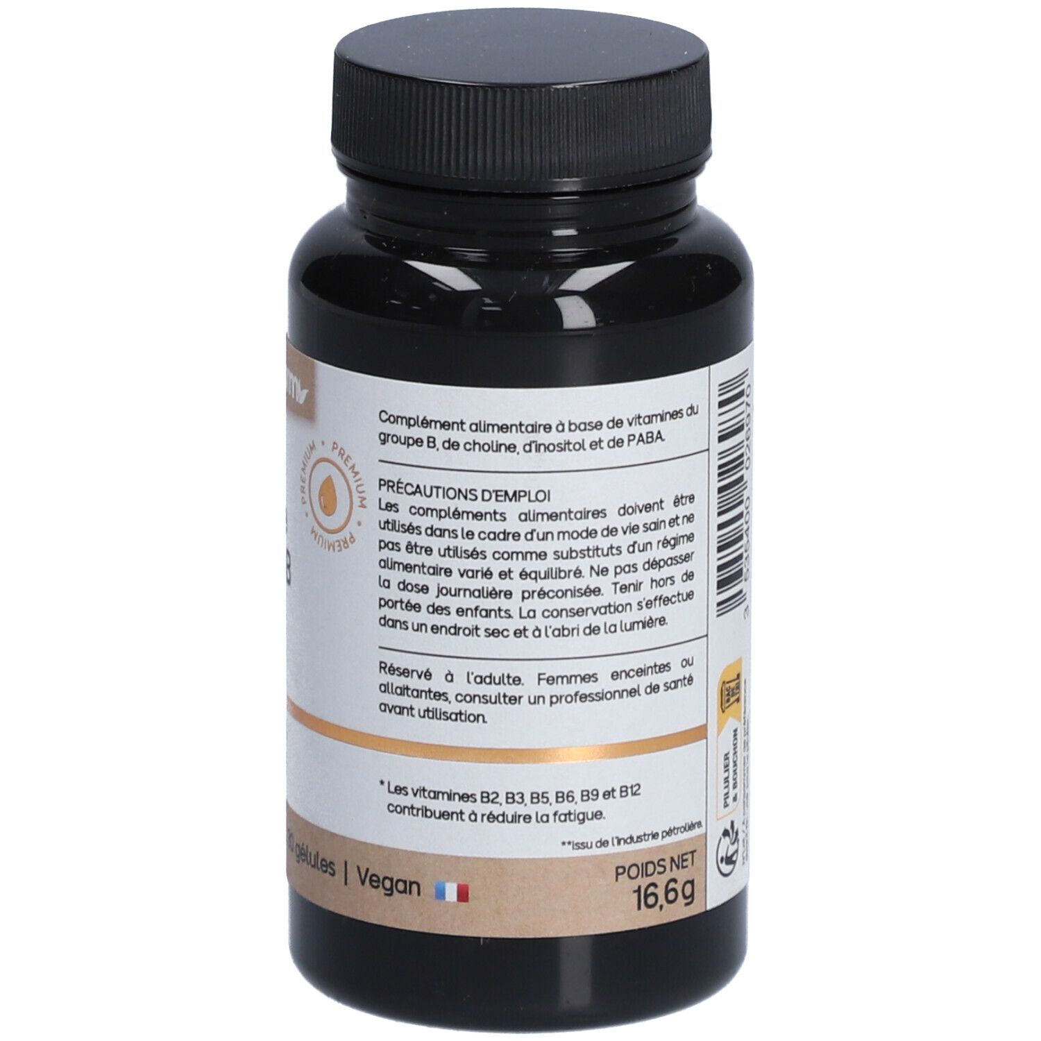 Braune Flasche mit schwarzem Deckel. Rückseite mit Inhaltsangaben und Warnhinweisen.