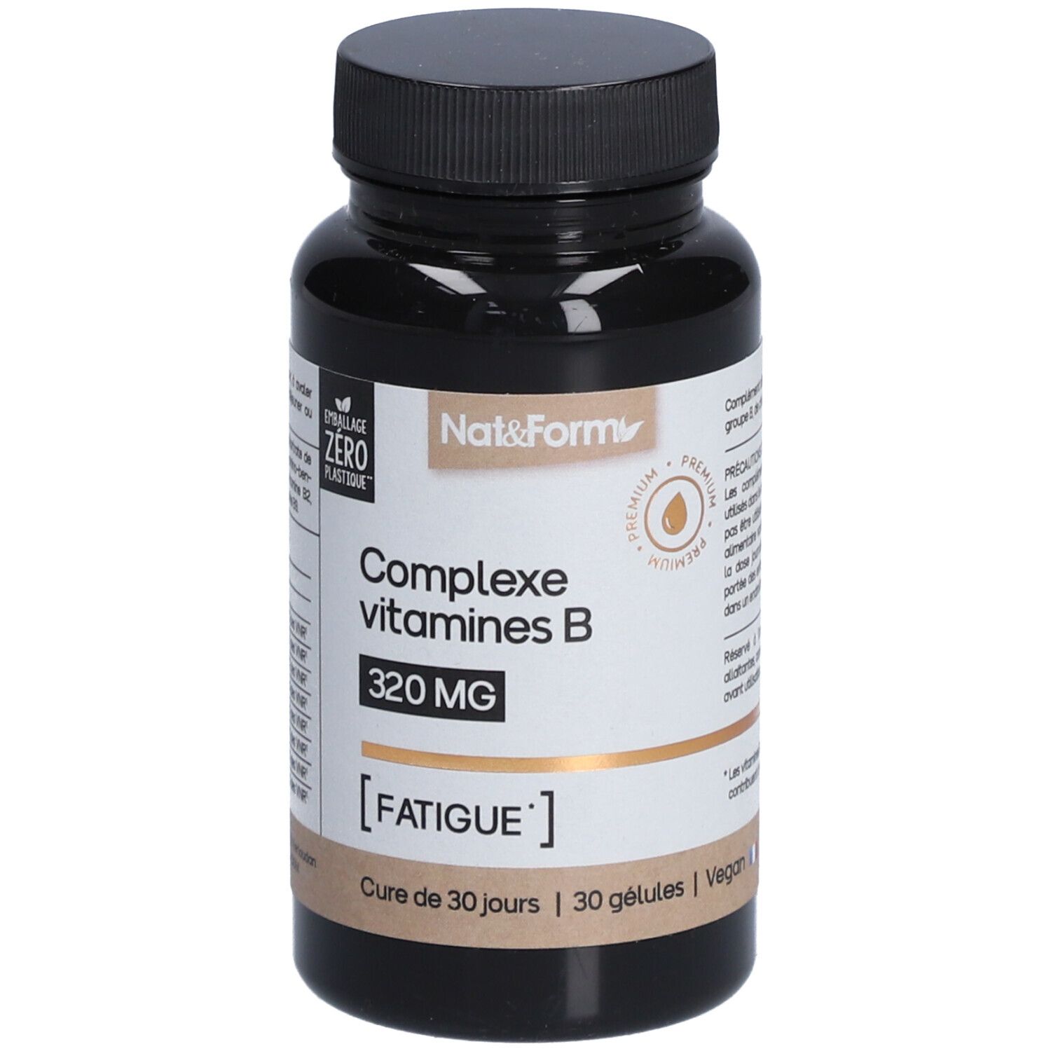 Braune Flasche mit schwarzem Deckel. Aufschrift: Complexe vitamines B, 320 MG, [FATIGUE].