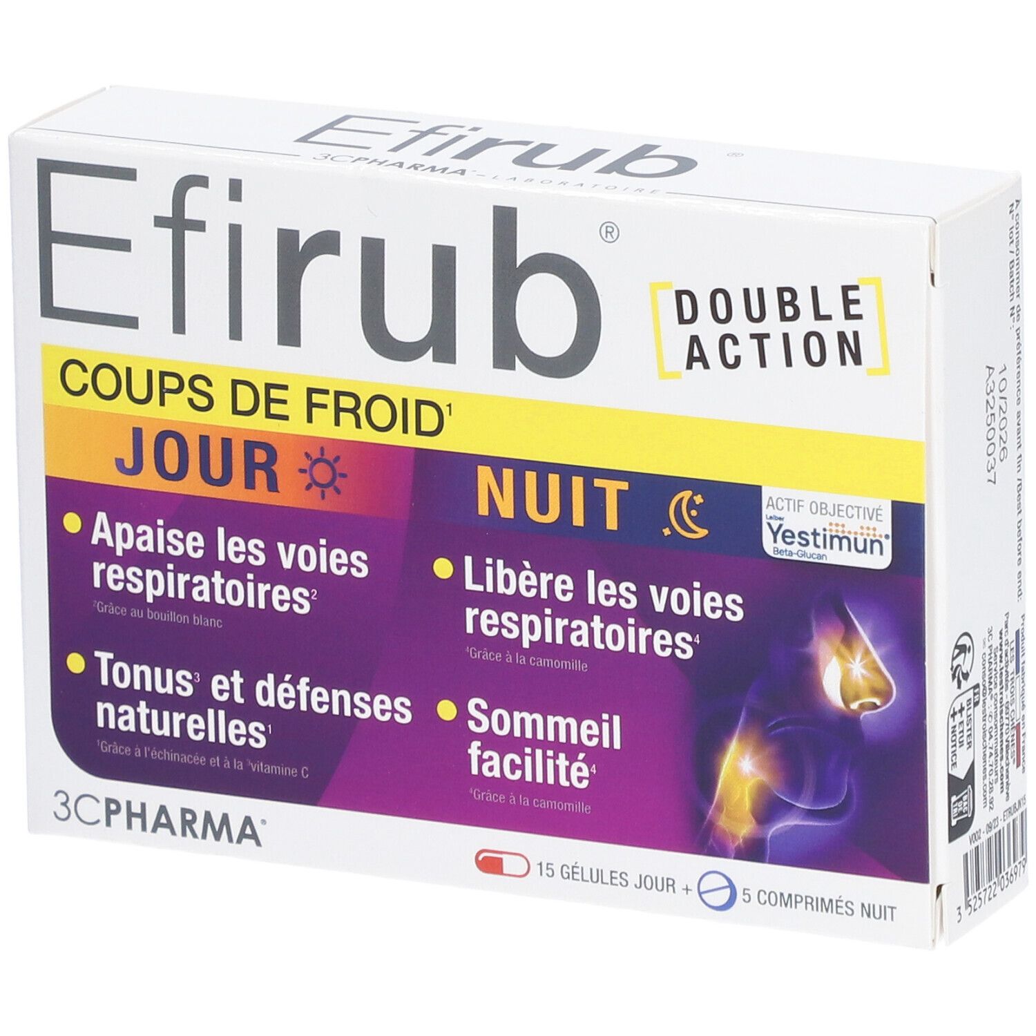 Efirub® Double Action-Verpackung. Enthält 15 Tages- und 5 Nachtkapseln. Aufschrift: Coups de Froid, Jour, Nuit. 3C Pharma Logo.