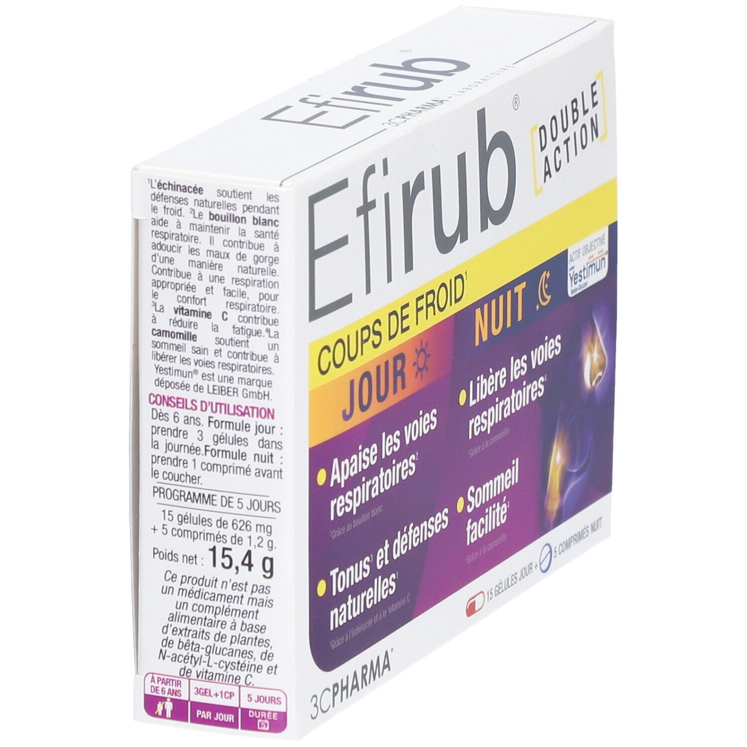 Efirub®-Verpackung, Ansicht von der Seite. Enthält 15 Tages- und 5 Nachtkapseln. Aufschrift: Coups de Froid, Jour, Nuit. 3C Pharma Logo.