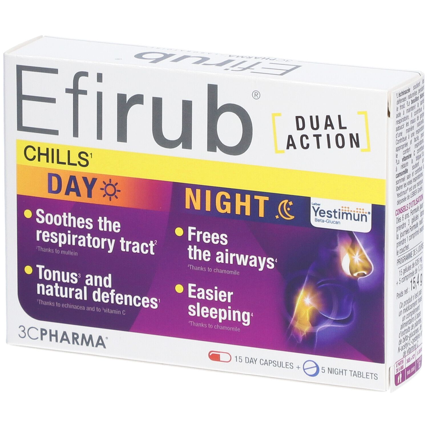 Efirub®-Verpackung. Enthält 15 Tages- und 5 Nachtkapseln. Aufschrift: Chills, Day, Night. 3C Pharma Logo.