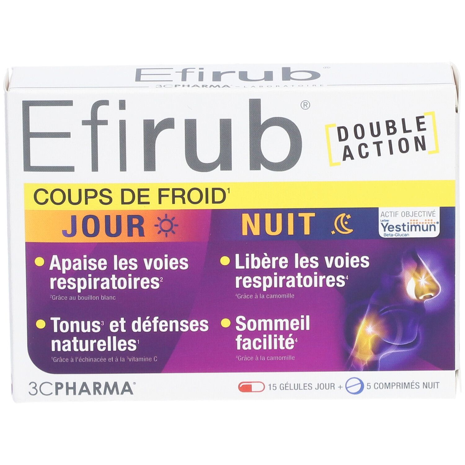 Efirub® Double Action-Verpackung. Enthält 15 Tages- und 5 Nachtkapseln. Aufschrift: Coups de Froid, Jour, Nuit. 3C Pharma Logo.