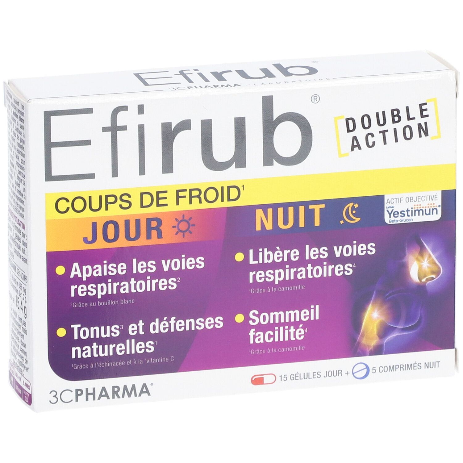 Efirub® Double Action-Verpackung. Enthält 15 Tages- und 5 Nachtkapseln. Aufschrift: Coups de Froid, Jour, Nuit. 3C Pharma Logo.