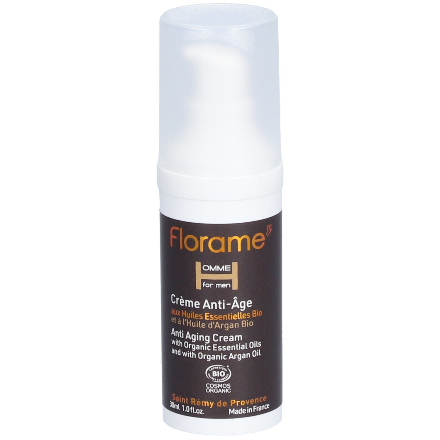 Creme-Flakon FLORAME Homme, Anti-Aging. Weißer Spender mit brauner Beschriftung. Mit Bio-Zertifizierung.