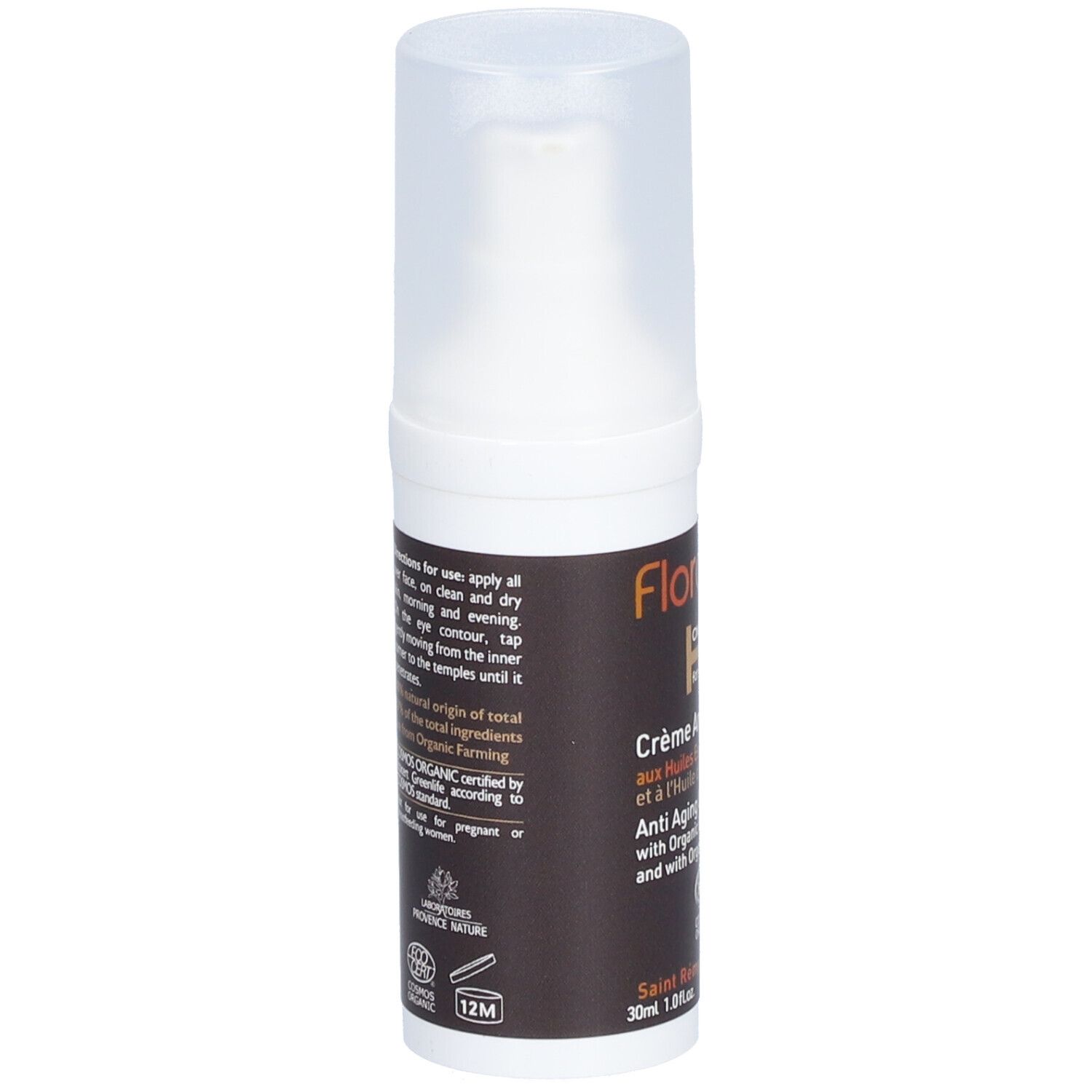 Rückseite des Creme-Flakons FLORAME Homme. Text mit Anweisungen und Bio-Zertifizierung.