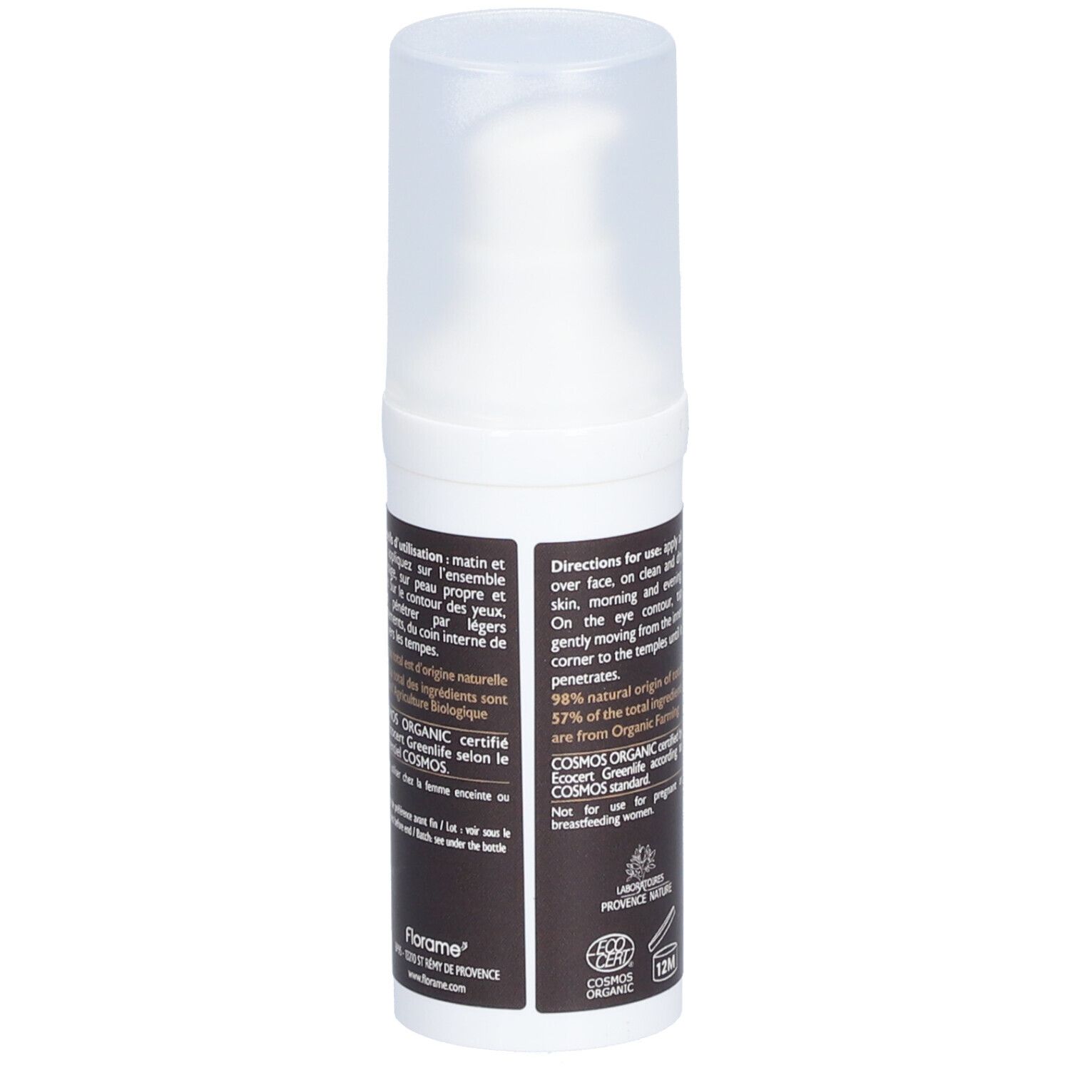 Rückseite des Creme-Flakons FLORAME Homme. Text mit Anweisungen und Bio-Zertifizierung.