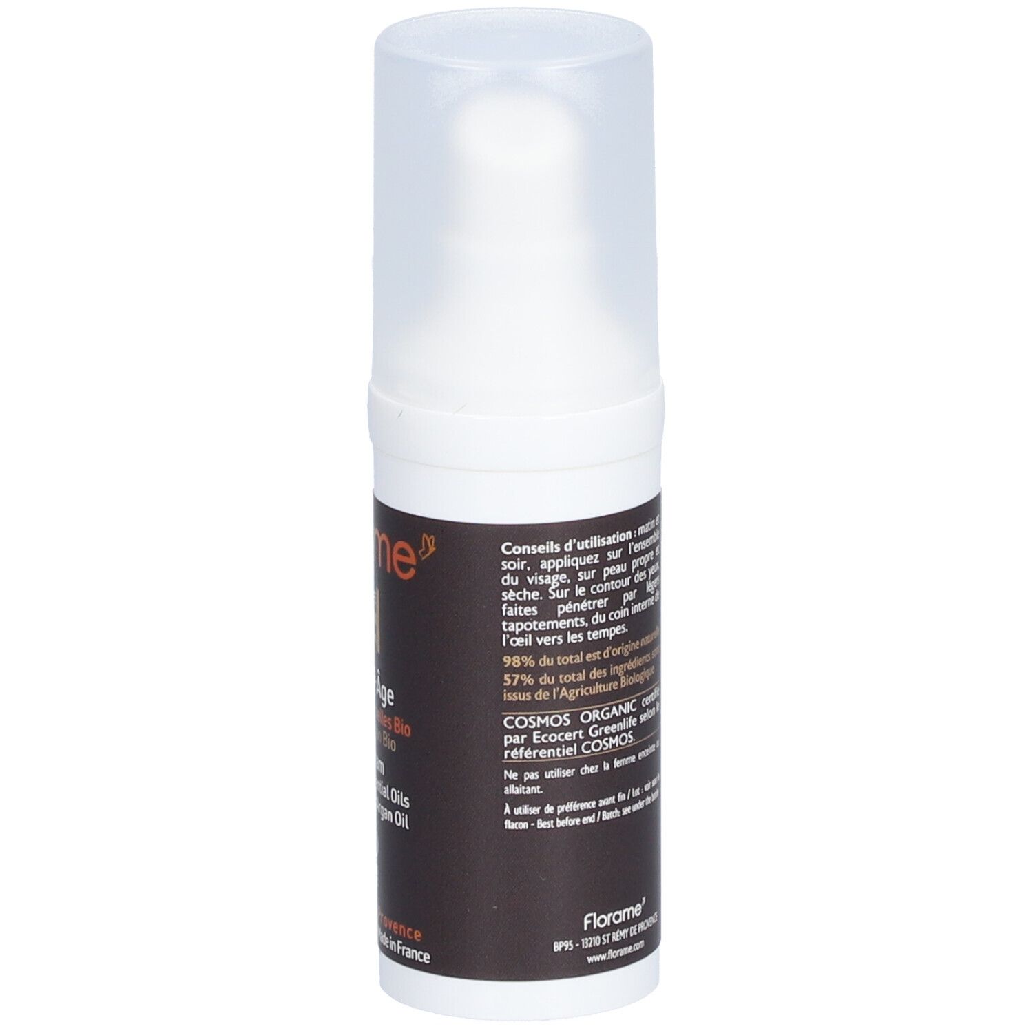 Rückseite des Creme-Flakons FLORAME Homme. Text mit Anweisungen und Bio-Zertifizierung.