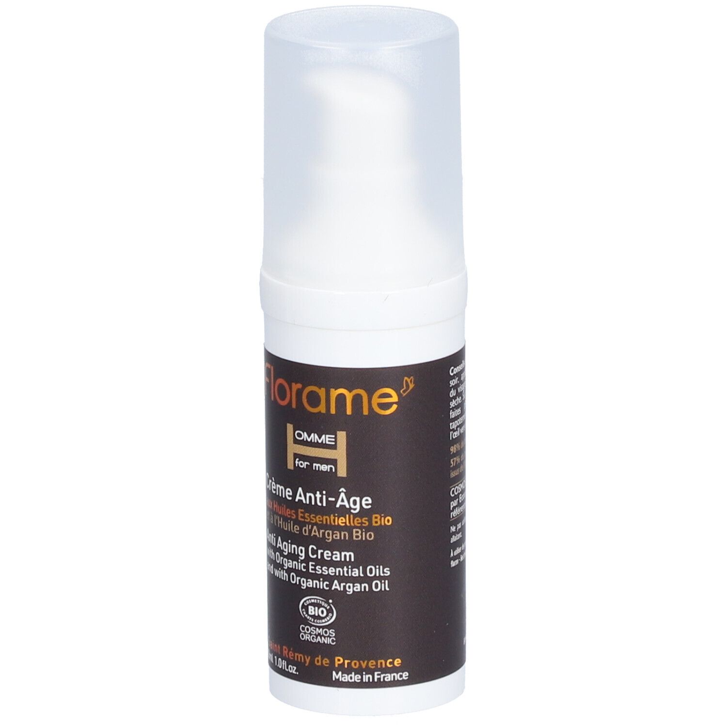 Creme-Flakon FLORAME Homme, Anti-Aging. Weißer Spender mit brauner Beschriftung. Mit Bio-Zertifizierung.