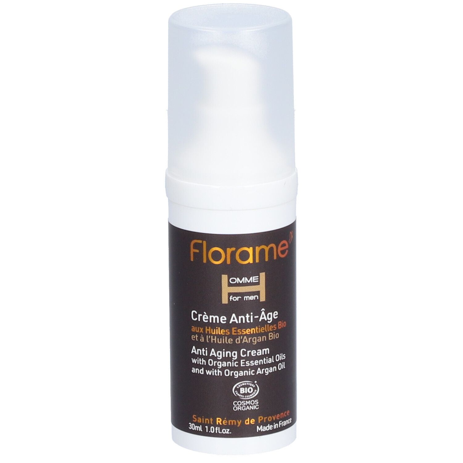 Creme-Flakon FLORAME Homme, Anti-Aging. Weißer Spender mit brauner Beschriftung. Mit Bio-Zertifizierung.