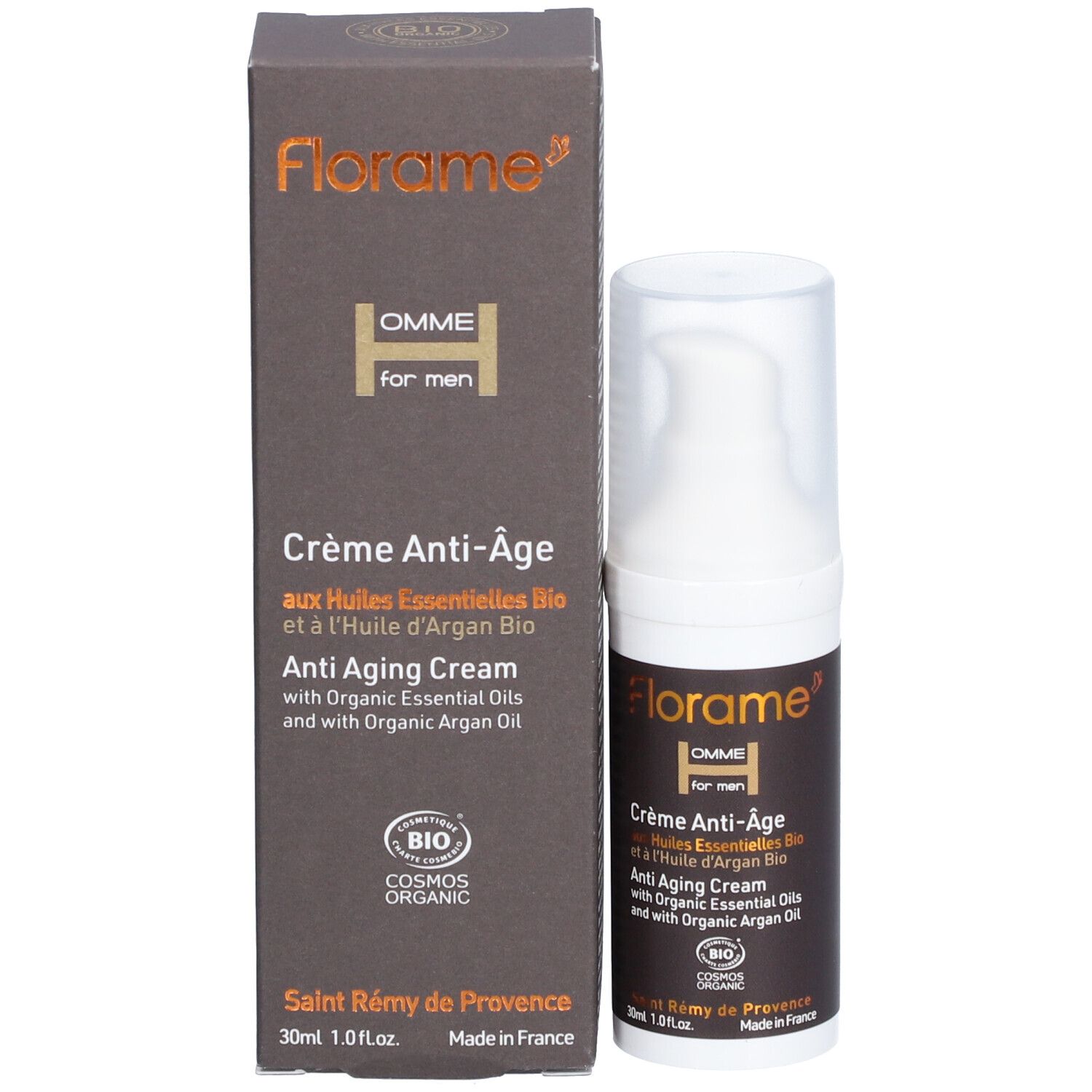 FLORAME Homme Anti-Aging Creme mit Verpackung. Braune Schachtel und weißer Spender. Bio-Zertifizierung.