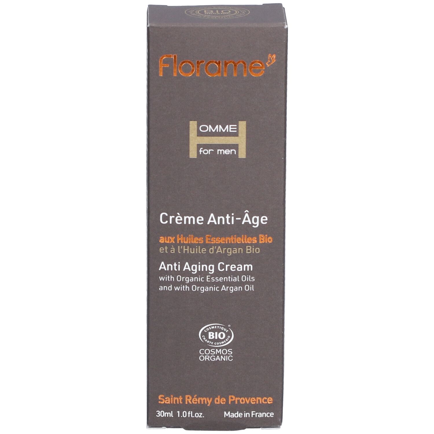 Verpackung der FLORAME Homme Anti-Aging Creme. Braune Schachtel mit Logo und Produktinformationen.
