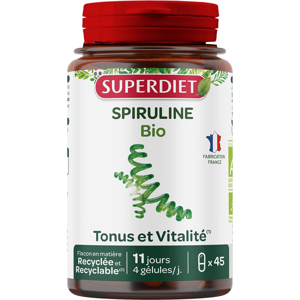 Flacon brun, bouchon rouge. Inscription SUPER DIET Spiruline Bio. Contient 45 gélules. Fabriqué en France.