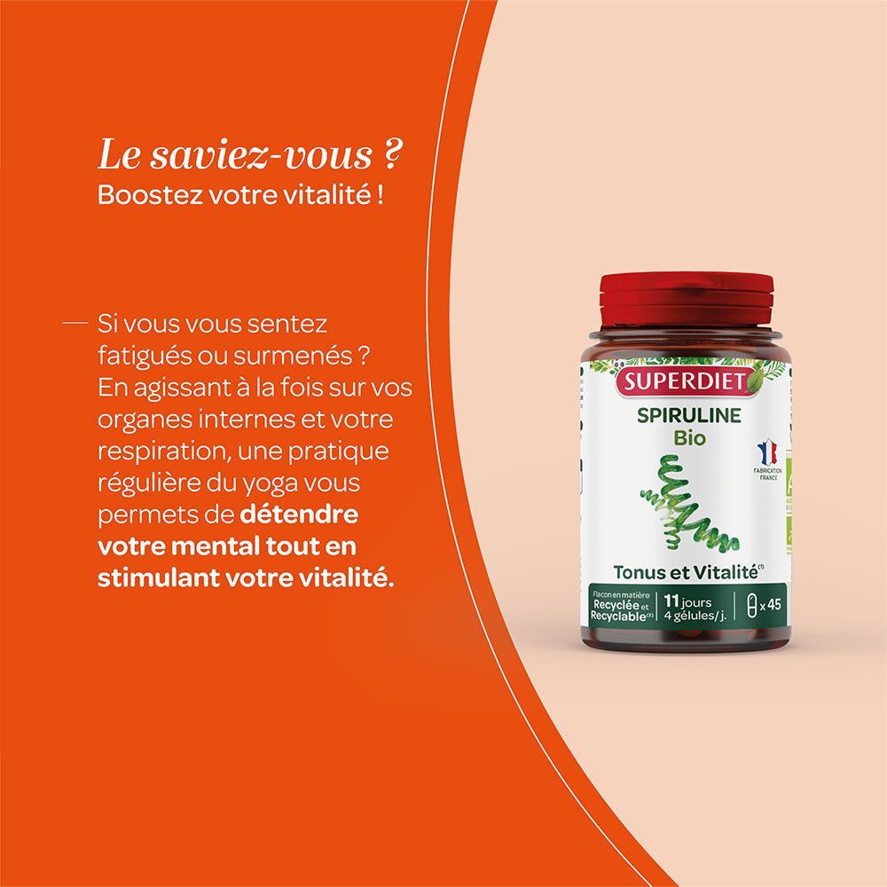 Graphique avec flacon. Texte : Boostez votre vitalité ! Pratique de yoga pour organes internes et respiration.