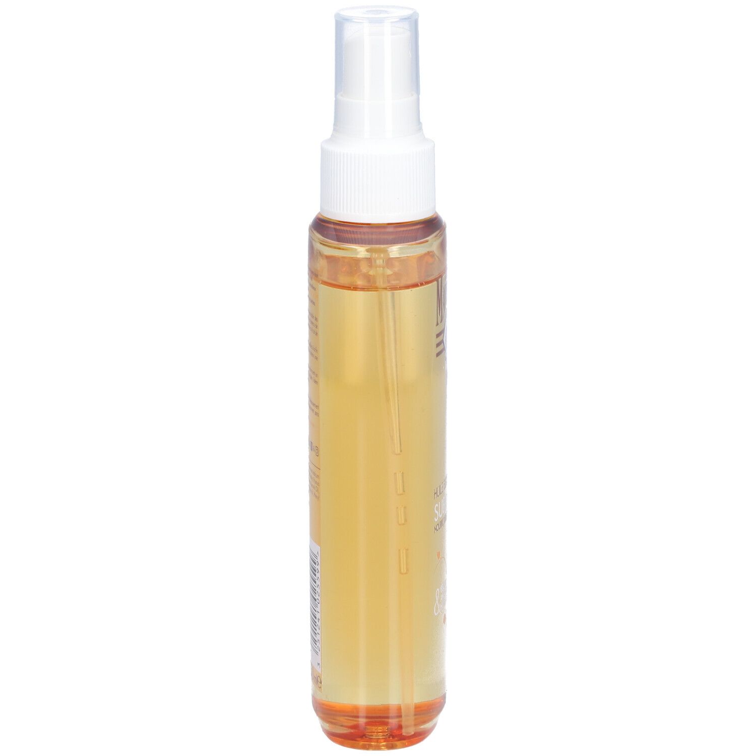 Produktflasche mit Öl. Aufschrift: Le Petit Marseillais, Huile Seche Sublimante. Enthält Karité, Mandel, Arganöl. 24H Feuchtigkeit.