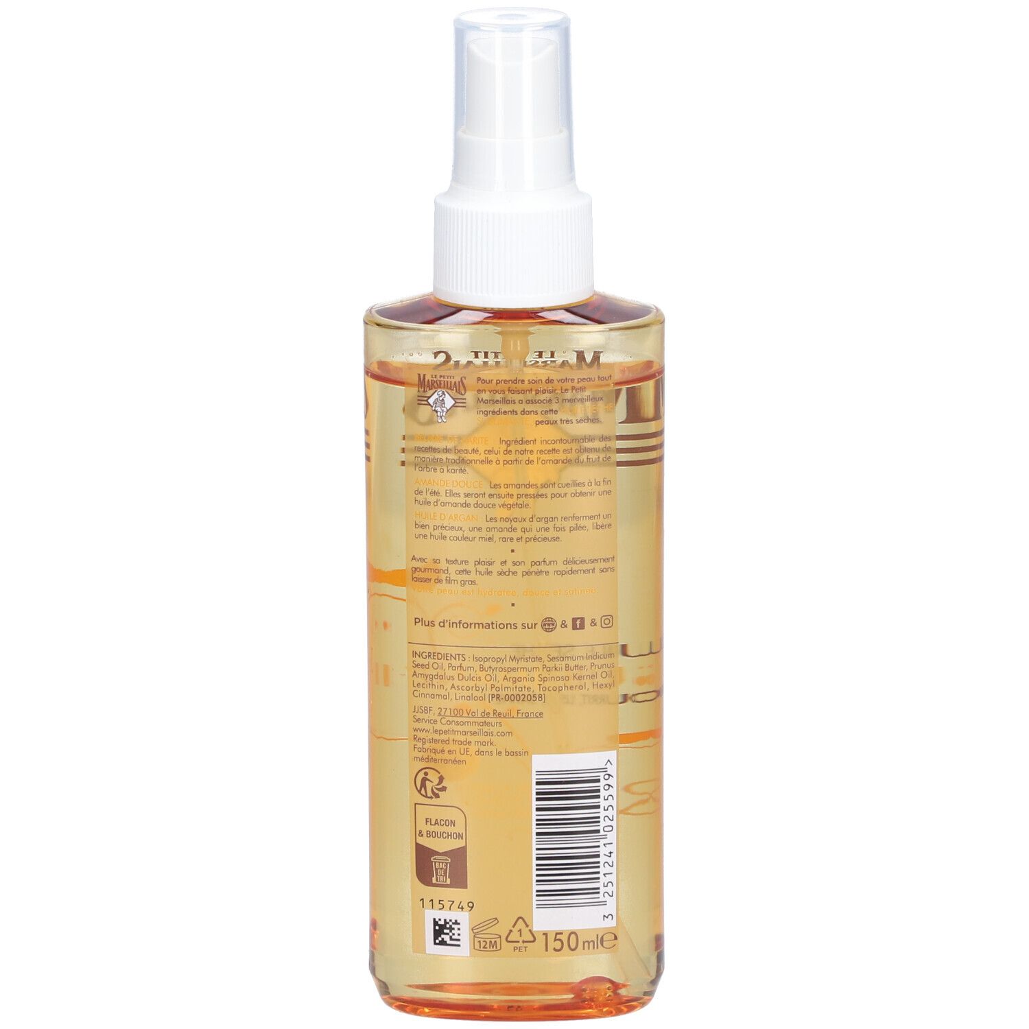 Produktflasche mit Öl. Aufschrift: Le Petit Marseillais, Huile Seche Sublimante. Enthält Karité, Mandel, Arganöl. 24H Feuchtigkeit.