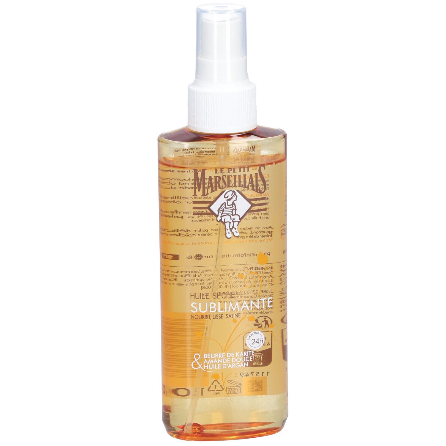 Produktflasche mit Öl. Aufschrift: Le Petit Marseillais, Huile Seche Sublimante. Enthält Karité, Mandel, Arganöl. 24H Feuchtigkeit.