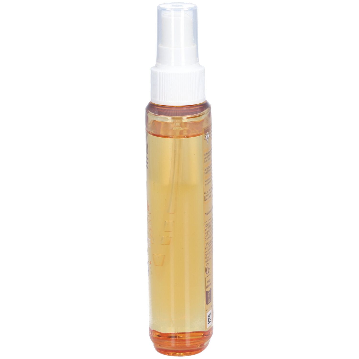 Produktflasche mit Öl. Aufschrift: Le Petit Marseillais, Huile Seche Sublimante. Enthält Karité, Mandel, Arganöl.