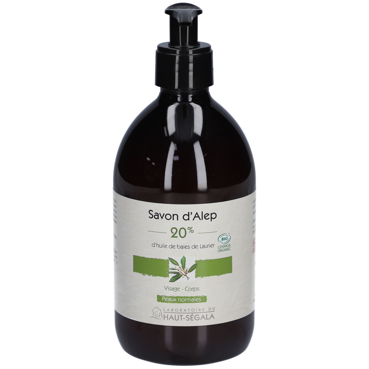 Braune Flasche mit schwarzem Pumpkopf. Etikett mit Text: Savon d'Alep 20%, d'huile de baies de Laurier. Bio-Siegel.