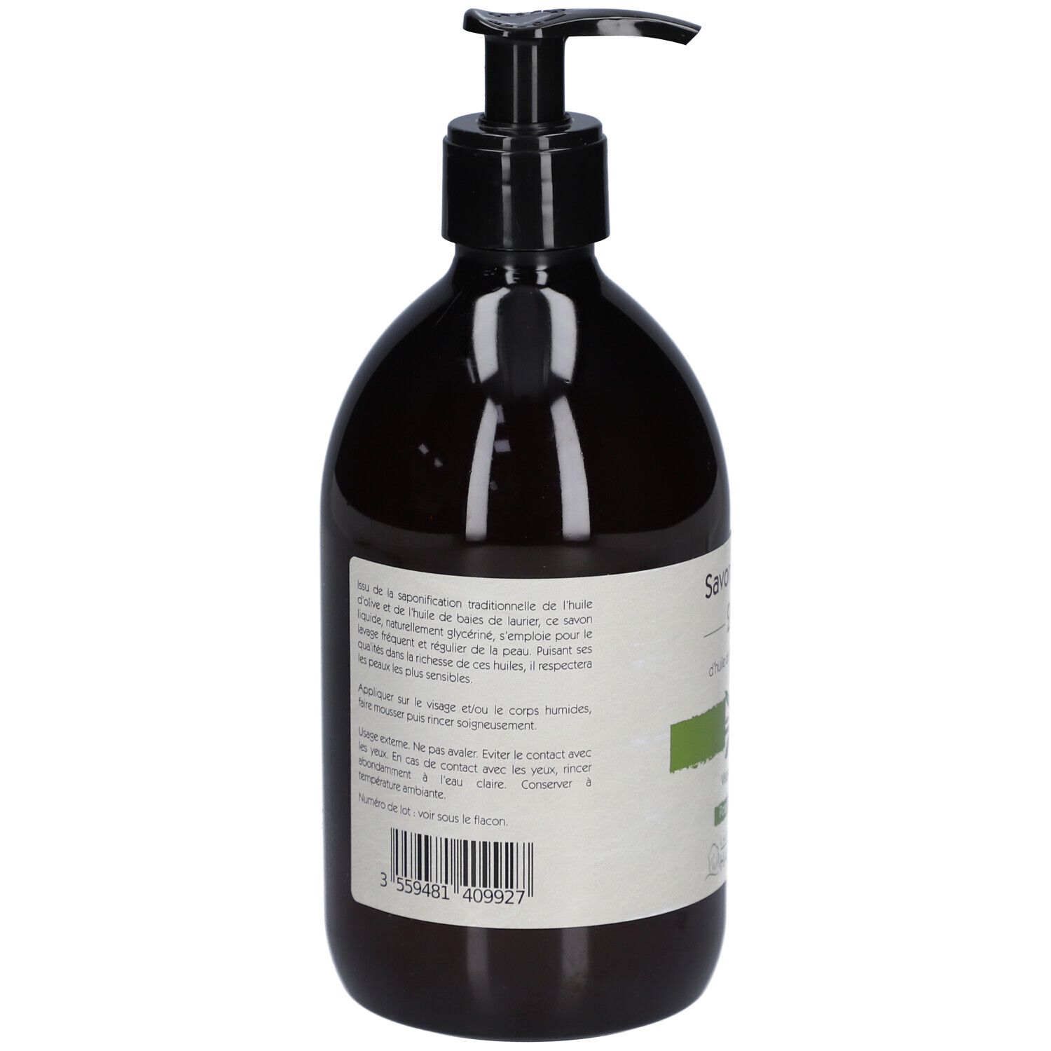 Braune Flasche mit schwarzem Pumpkopf. Rückseite mit Text. Etikett mit Text und Barcode.