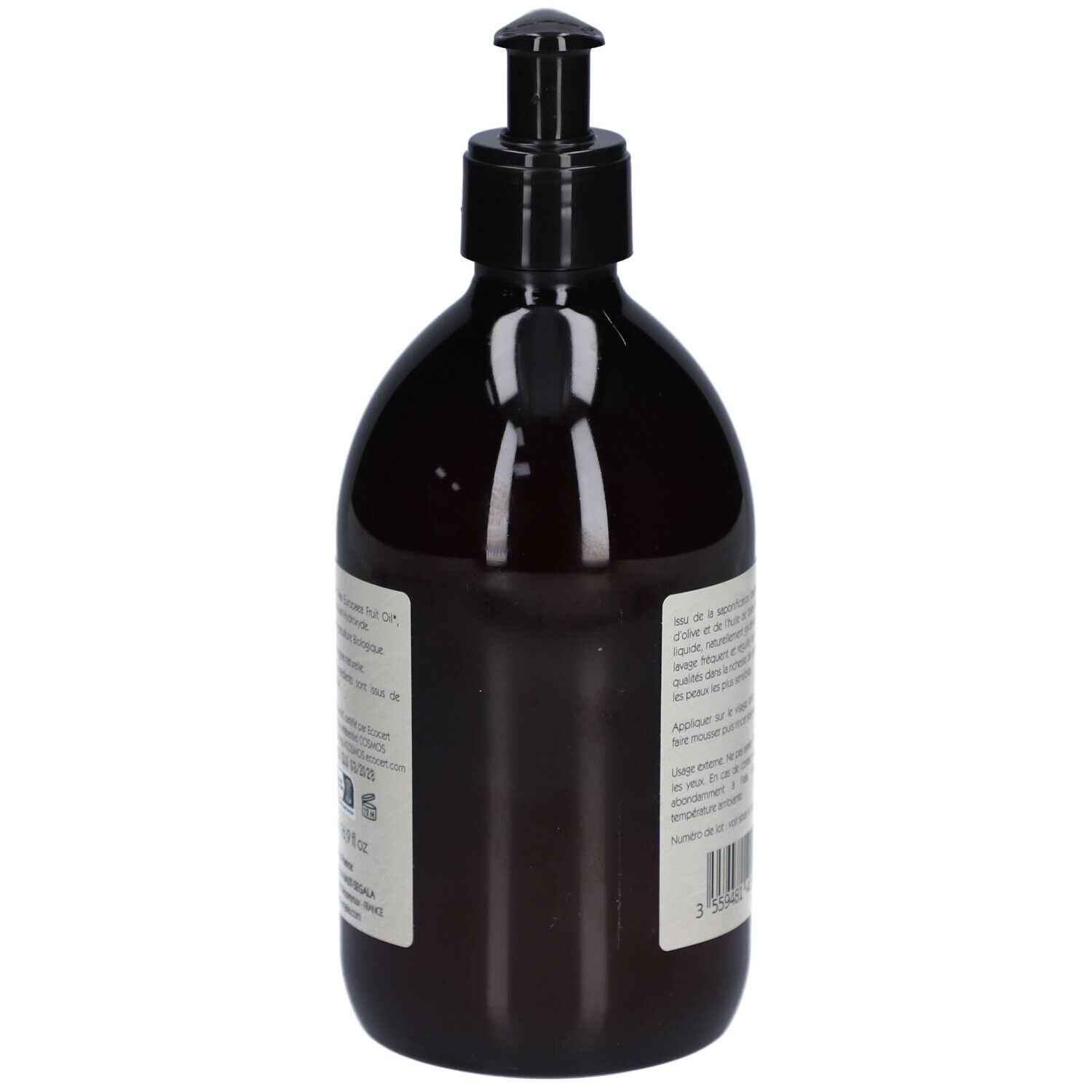 Braune Flasche mit schwarzem Pumpkopf. Rückseite mit Text. Etikett mit Text und Barcode.