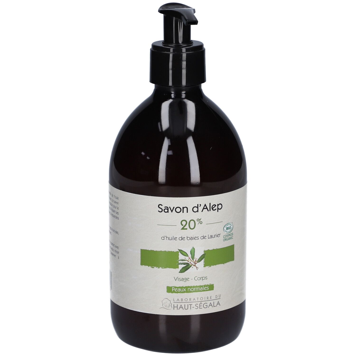 Braune Flasche mit schwarzem Pumpkopf. Etikett mit Text: Savon d'Alep 20%, d'huile de baies de Laurier. Bio-Siegel.