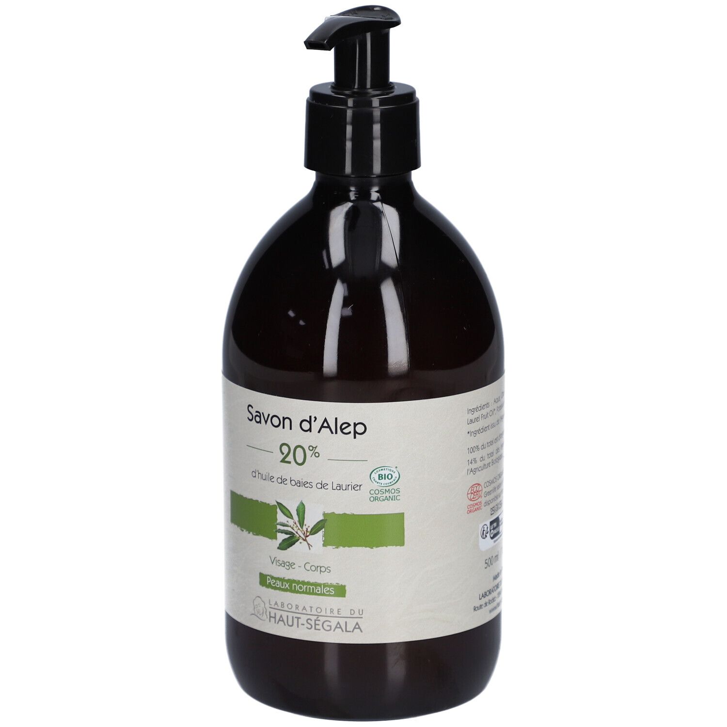 Braune Flasche mit schwarzem Pumpkopf. Etikett mit Text: Savon d'Alep 20%, d'huile de baies de Laurier. Bio-Siegel.