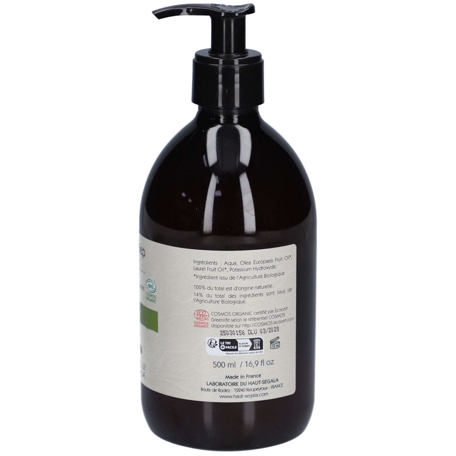 Braune Flasche mit schwarzem Pumpkopf. Rückseite mit Text. Etikett mit Text und Barcode.