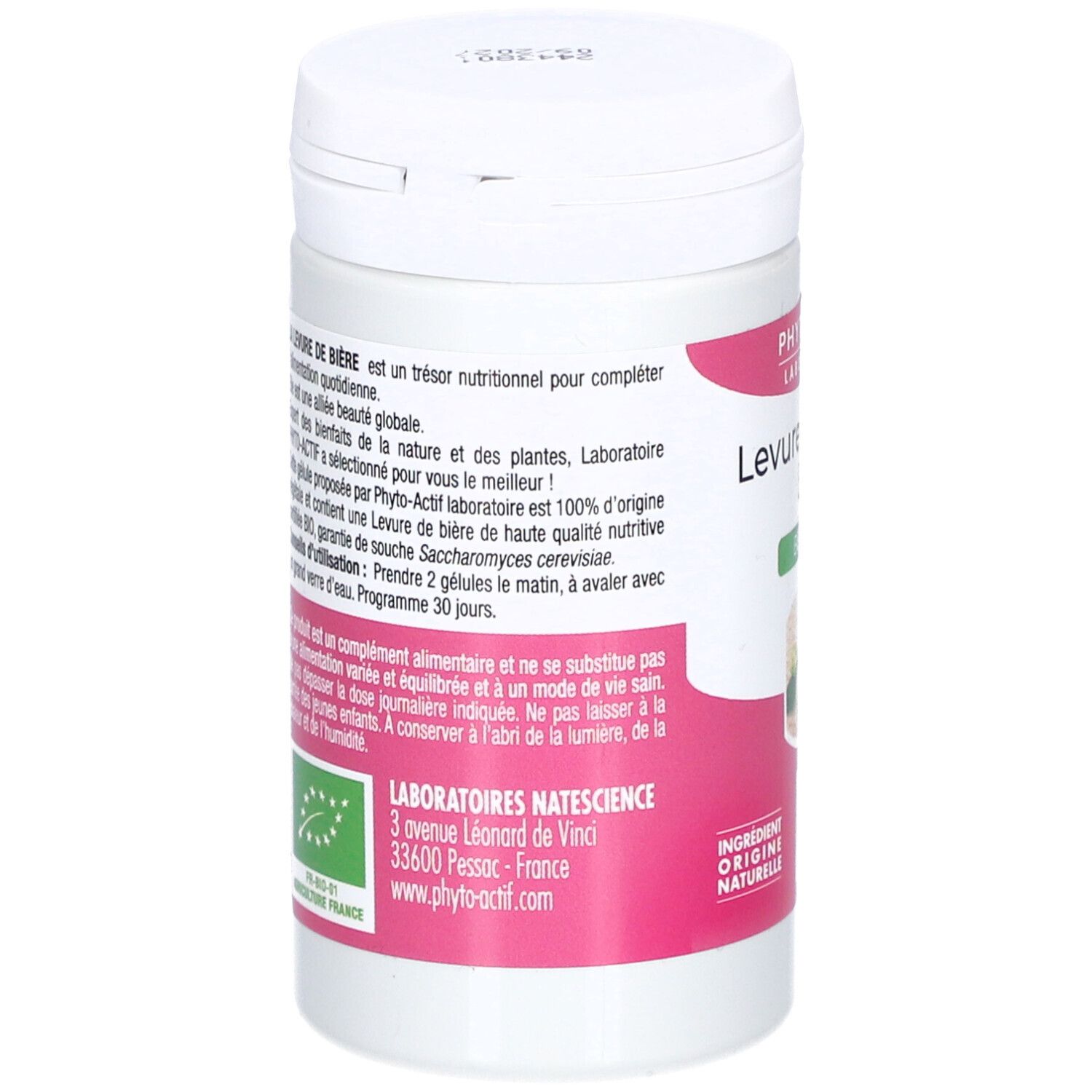 Rückseite der weißen Dose. Text in französischer Sprache. Logo für biologische Landwirtschaft. Adresse des Herstellers.