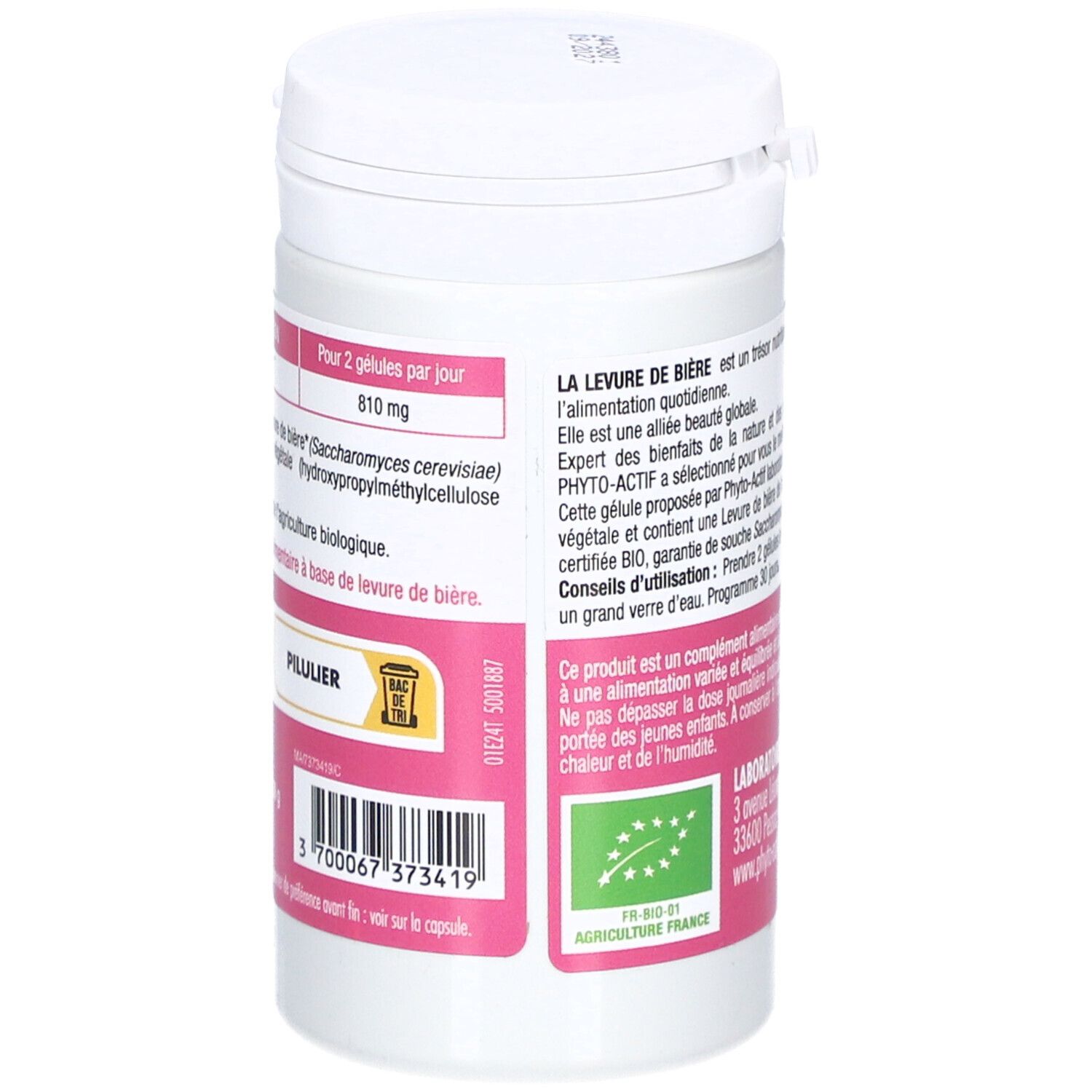 Rückseite der weißen Dose. Text in französischer Sprache. Zutatenliste. Logo für biologische Landwirtschaft. Barcode.