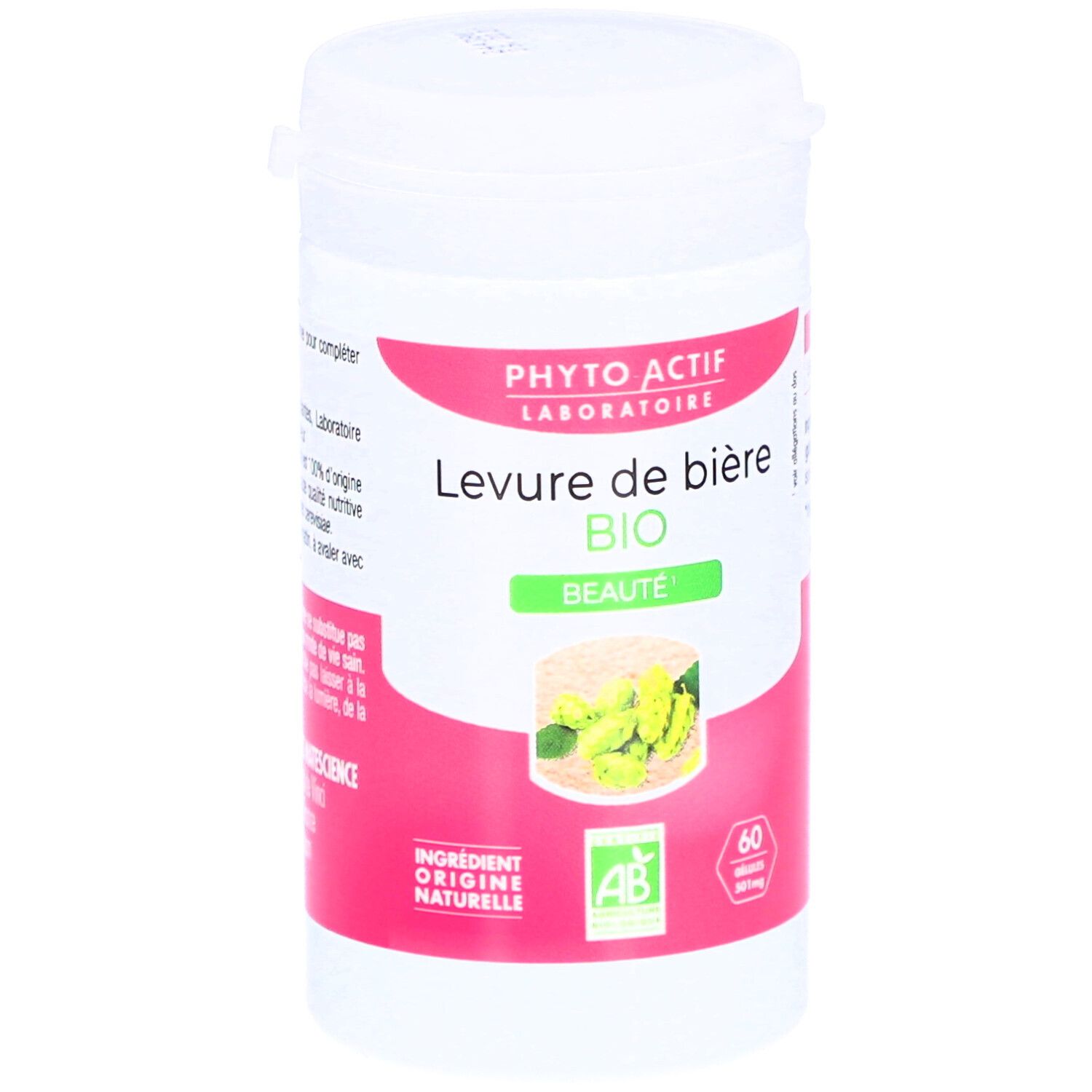 Weiße Dose mit rosa und grünen Etiketten. Aufschrift: PHYTO ACTIF, Levure de bière BIO, Beauté. AB-Bio-Siegel. 60 Kapseln.
