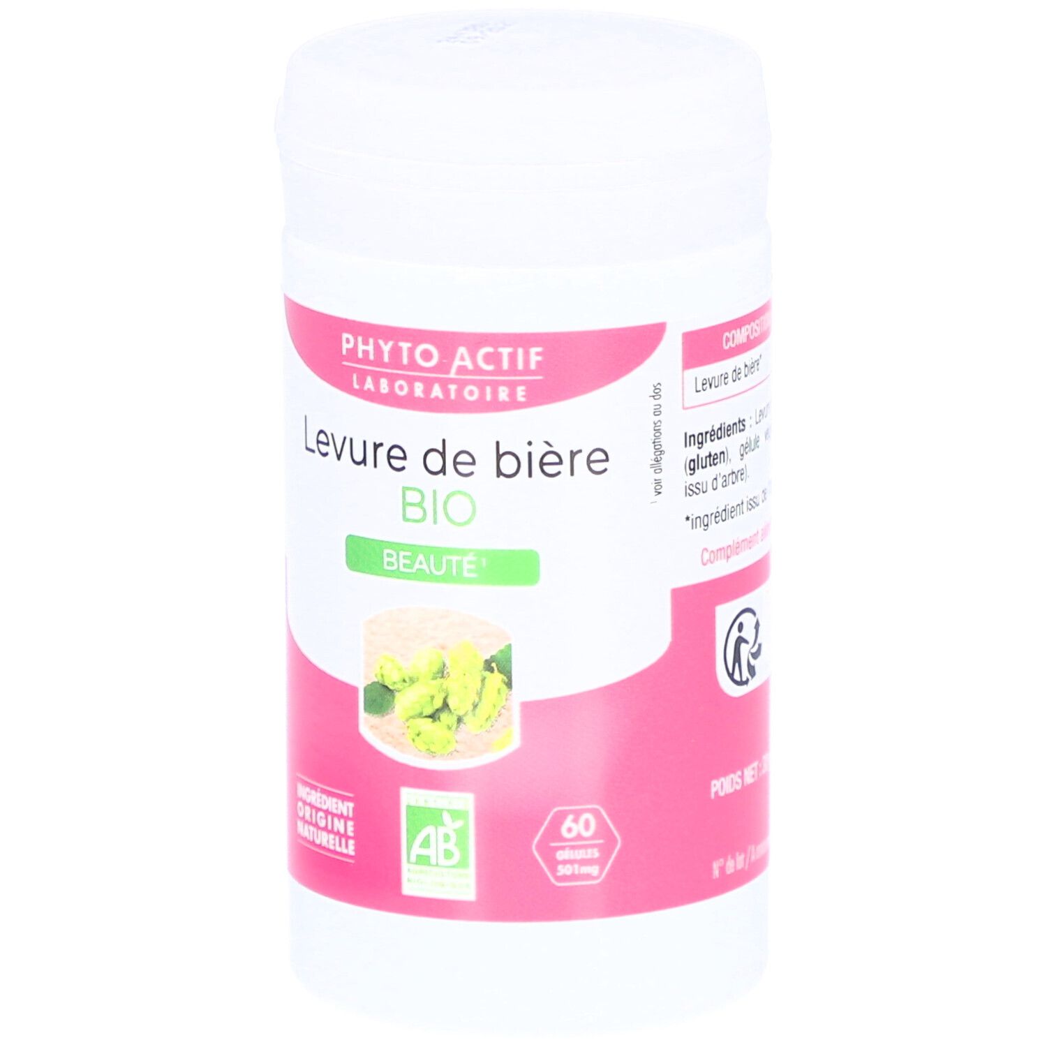 Weiße Dose mit rosa und grünen Etiketten. Aufschrift: PHYTO ACTIF, Levure de bière BIO, Beauté. AB-Bio-Siegel. 60 Kapseln.