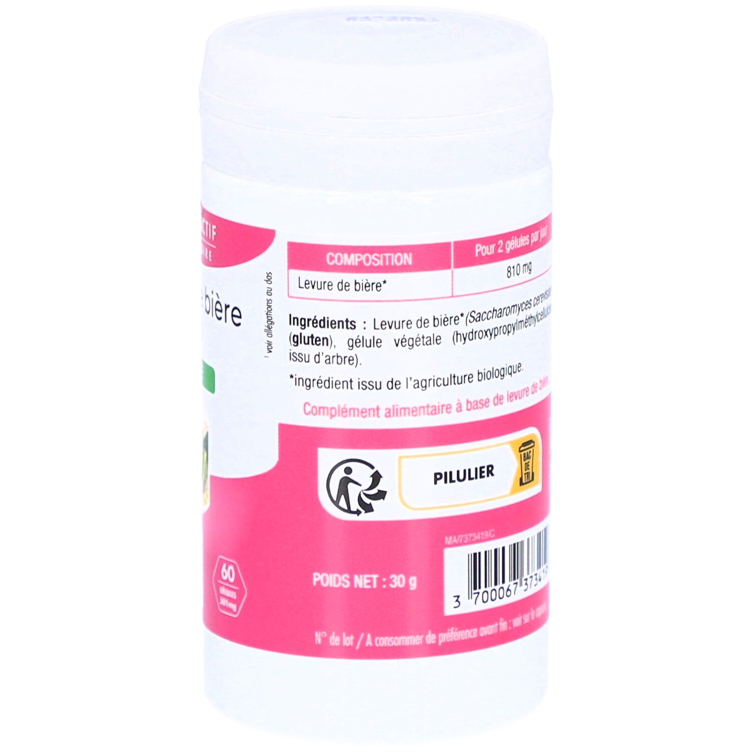 Rückseite der weißen Dose. Text in französischer Sprache. Zutatenliste. Logo für biologische Landwirtschaft. 60 Kapseln.