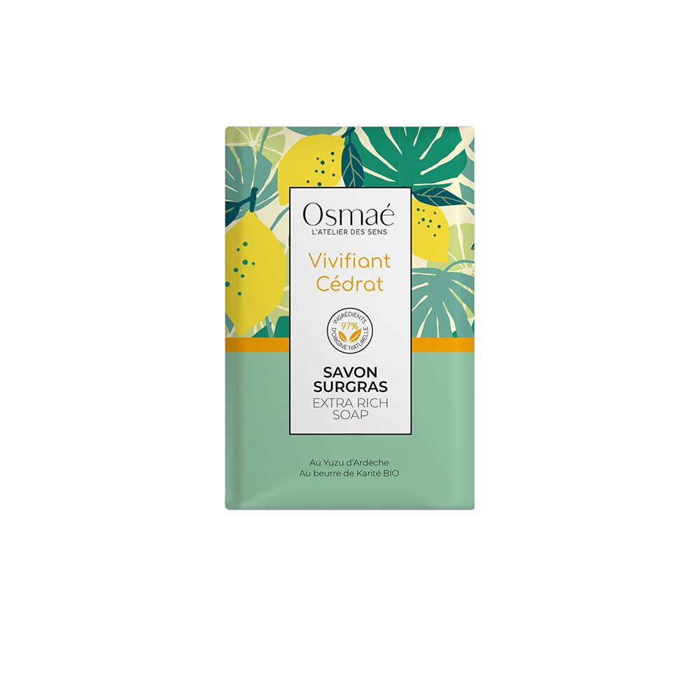 Seife mit floralem Muster und Zitronen. Aufschrift: Osmaé, Vivifiant Cédrat, Savon Surgras, Extra Rich Soap. Mit Bio-Zertifizierung.
