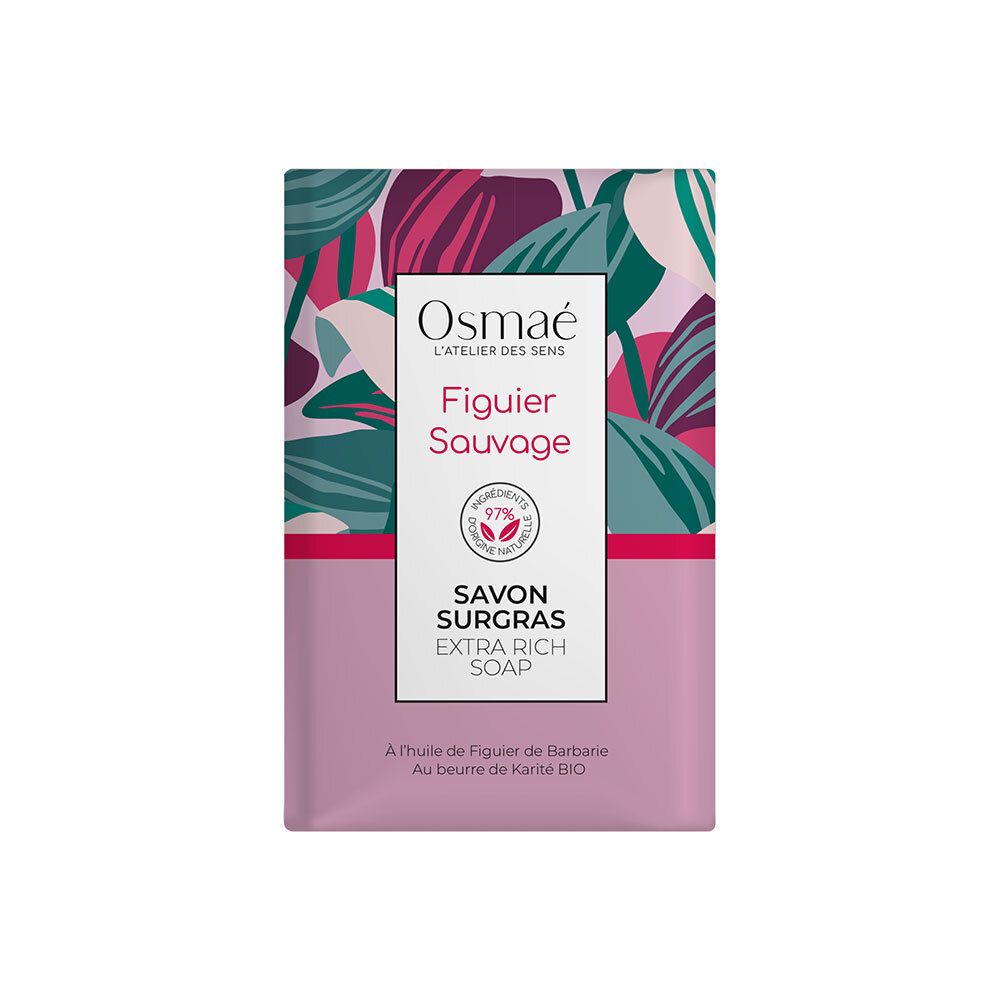 Savon Figuier Sauvage Osmaé, emballage floral. Inscription "Savon Surgras Extra Rich Soap".