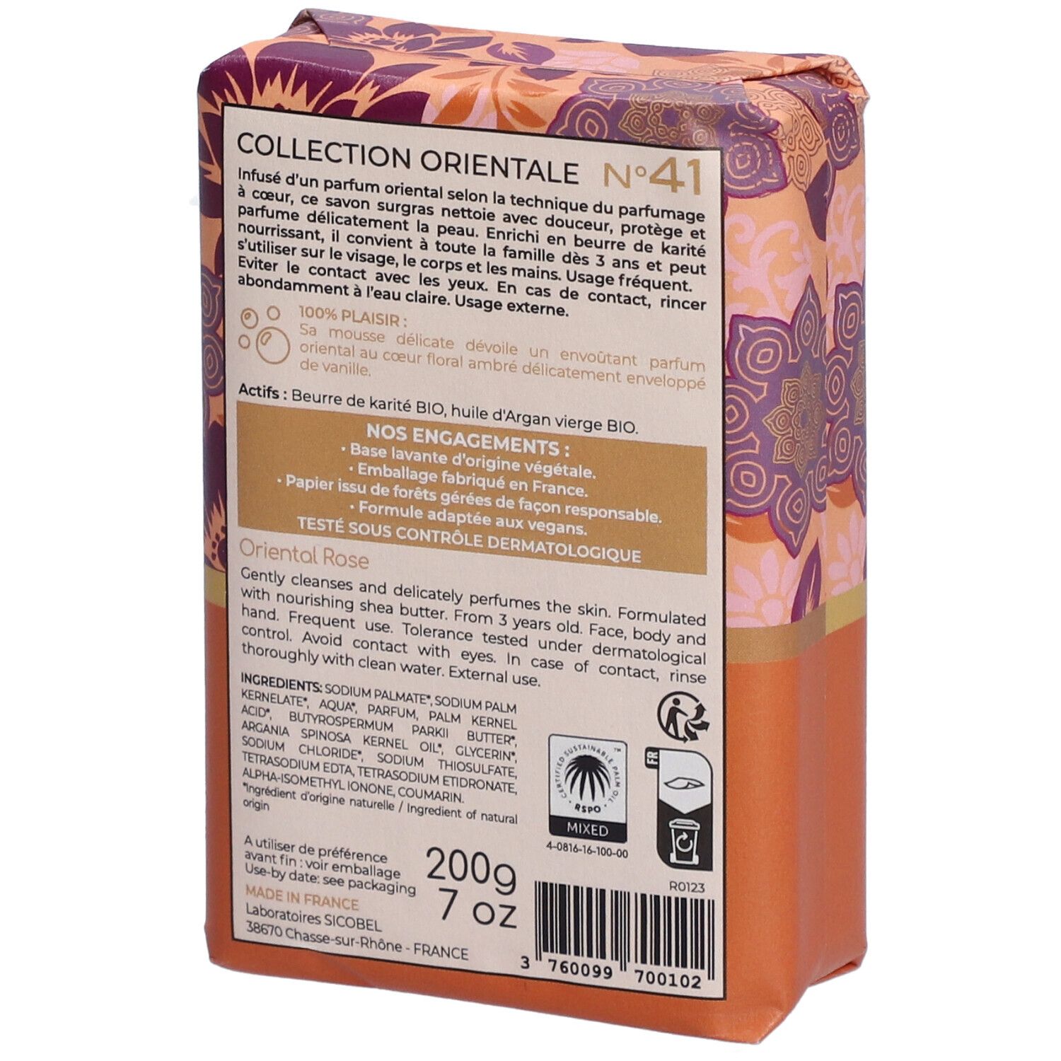 Savon emballé, dos. Texte: Collection Orientale, ingrédients, poids 200g, Testé sous contrôle dermatologique. Motifs floraux.