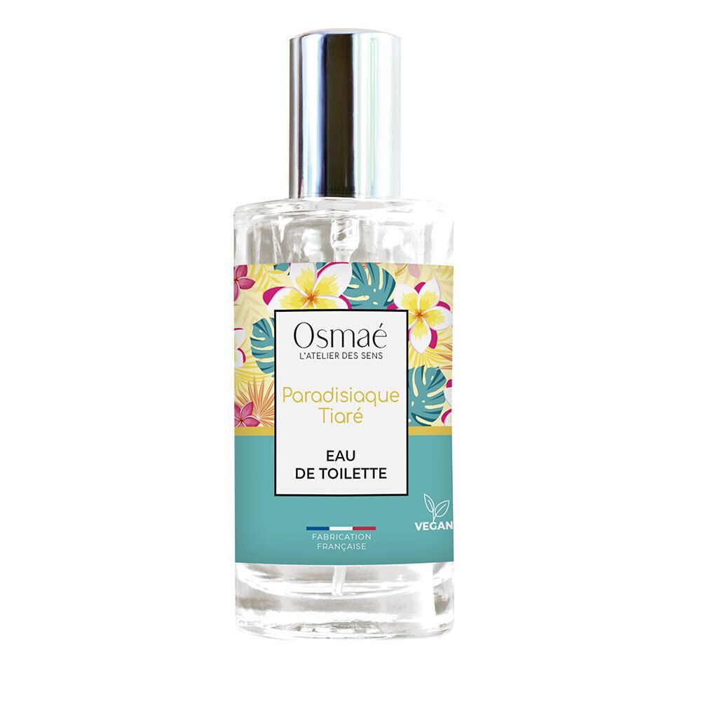 Osmaé Eau de Toilette Paradisiaque Tiaré. Flacon en verre avec bouchon argenté. Étiquette turquoise avec motif floral et nom du produit.