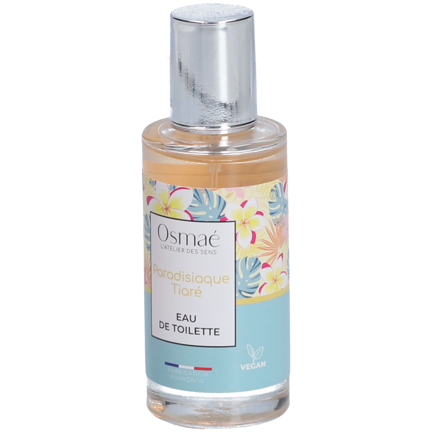 Parfümflasche mit floralem Design. Aufschrift: Osmaé, Paradisiaque Tiaré, Eau de Toilette. Vegan-Logo.