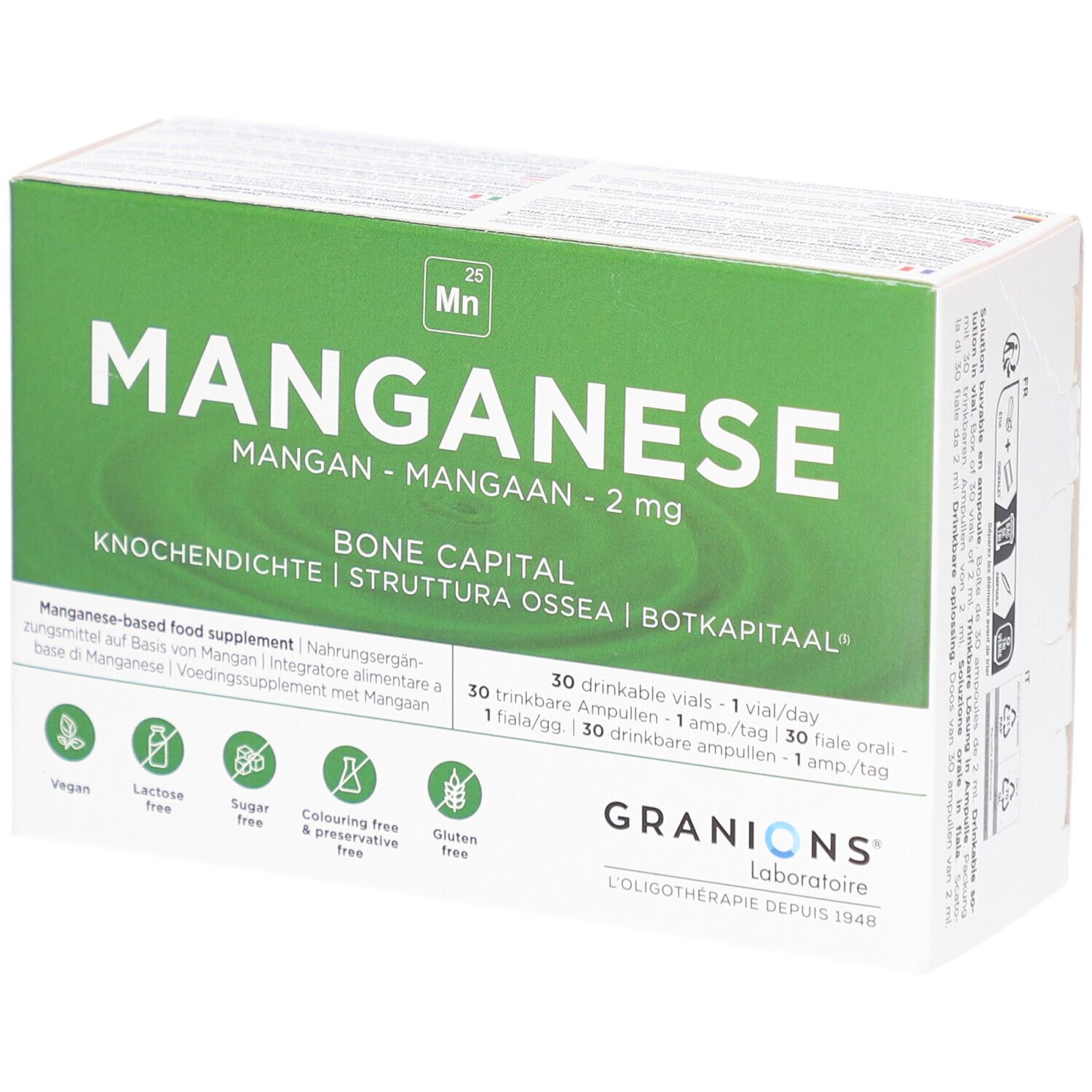 Boîte de GRANIONS Manganèse. Inscription: Manganèse, 2 mg, densité osseuse. Contient 30 ampoules buvables. Vegan, sans lactose, sans sucre, sans colorant ni conservateur, sans gluten.