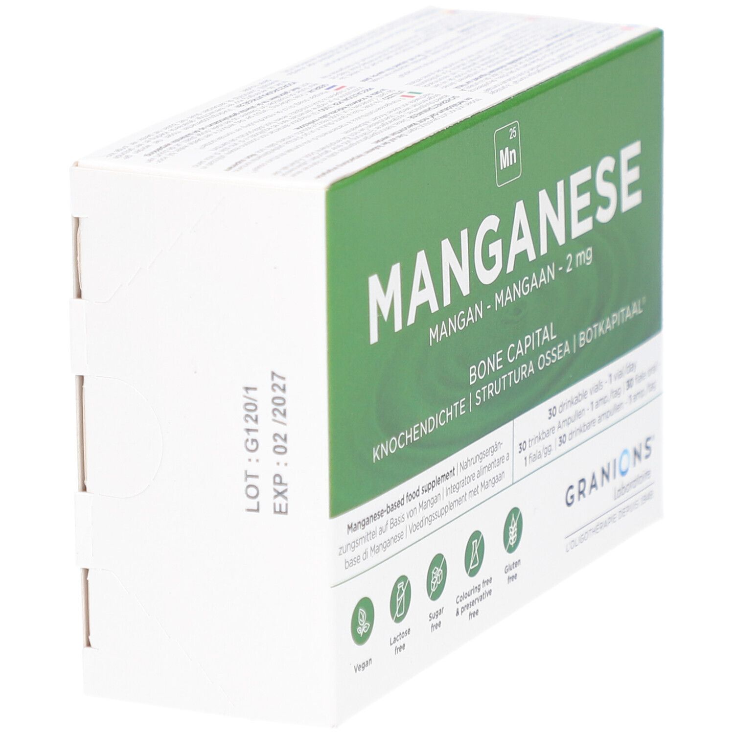 Boîte GRANIONS Manganèse, vue latérale. Inscription: Manganèse, 2 mg, densité osseuse. Date de péremption: 02/2027. Vegan, sans lactose, sans sucre, sans colorant ni conservateur, sans gluten.
