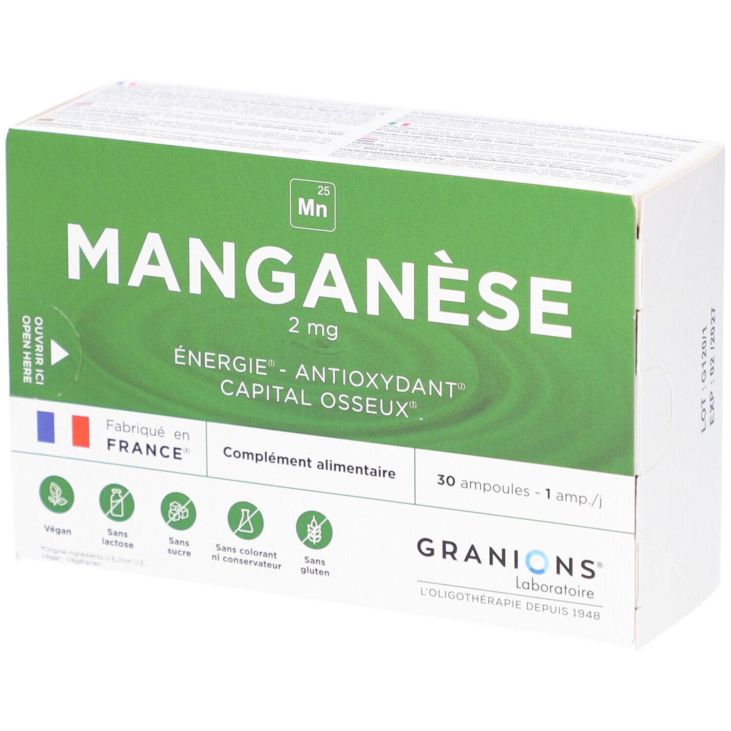Boîte GRANIONS Manganèse. Inscription: Manganèse, 2 mg, Énergie - Antioxydant, capital osseux. Fabriqué en France. Contient 30 ampoules. Vegan, sans sucre, sans colorant ni conservateur.