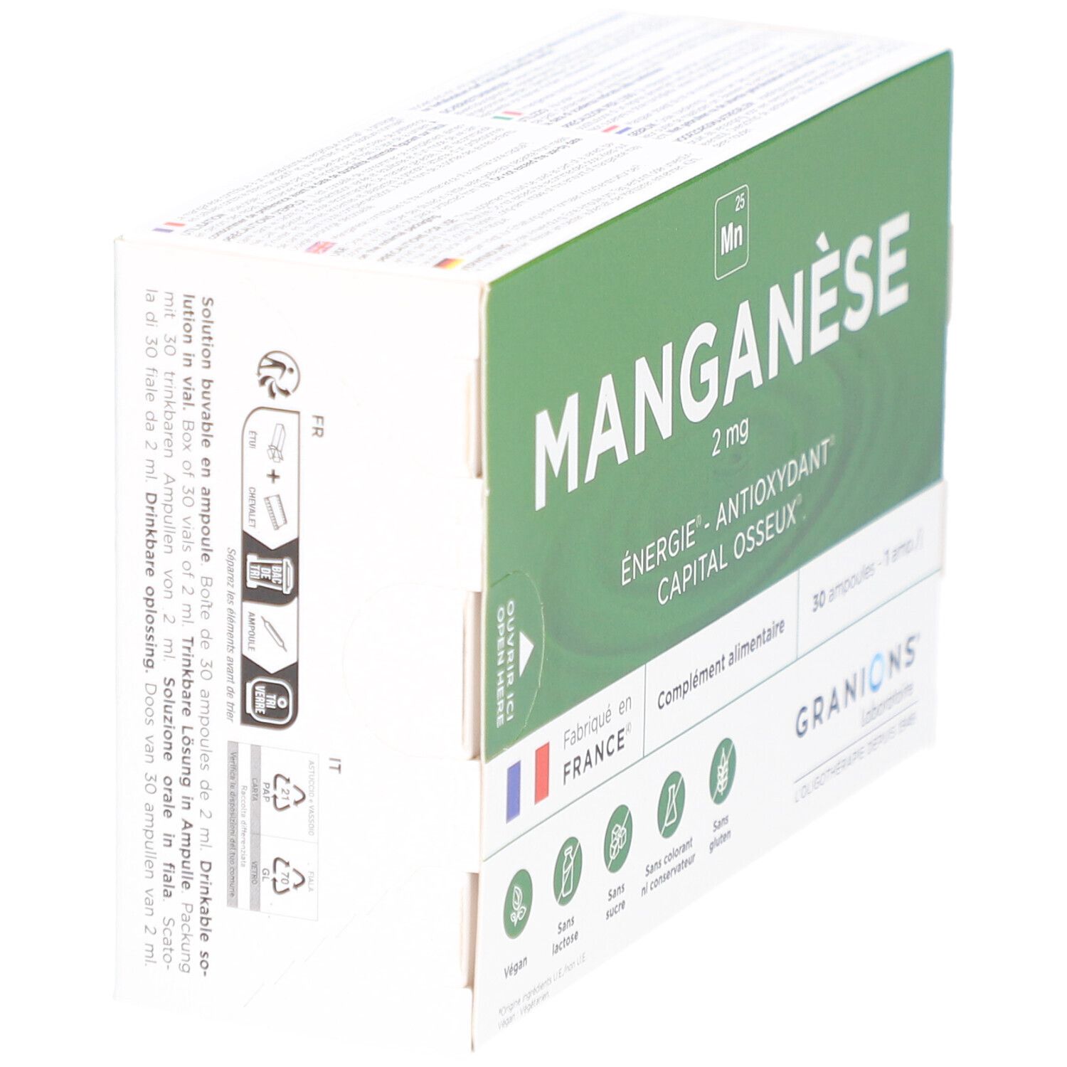 Boîte GRANIONS Manganèse, vue latérale. Inscription: Manganèse, 2 mg, Énergie - Antioxydant, capital osseux. Contient 30 ampoules. Vegan, sans sucre, sans colorant ni conservateur.