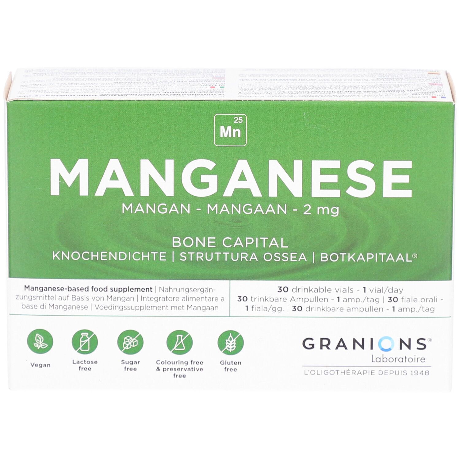 Boîte GRANIONS Manganèse. Inscription: Manganèse, 2 mg, densité osseuse. Contient 30 ampoules buvables. Vegan, sans lactose, sans sucre, sans colorant ni conservateur, sans gluten.