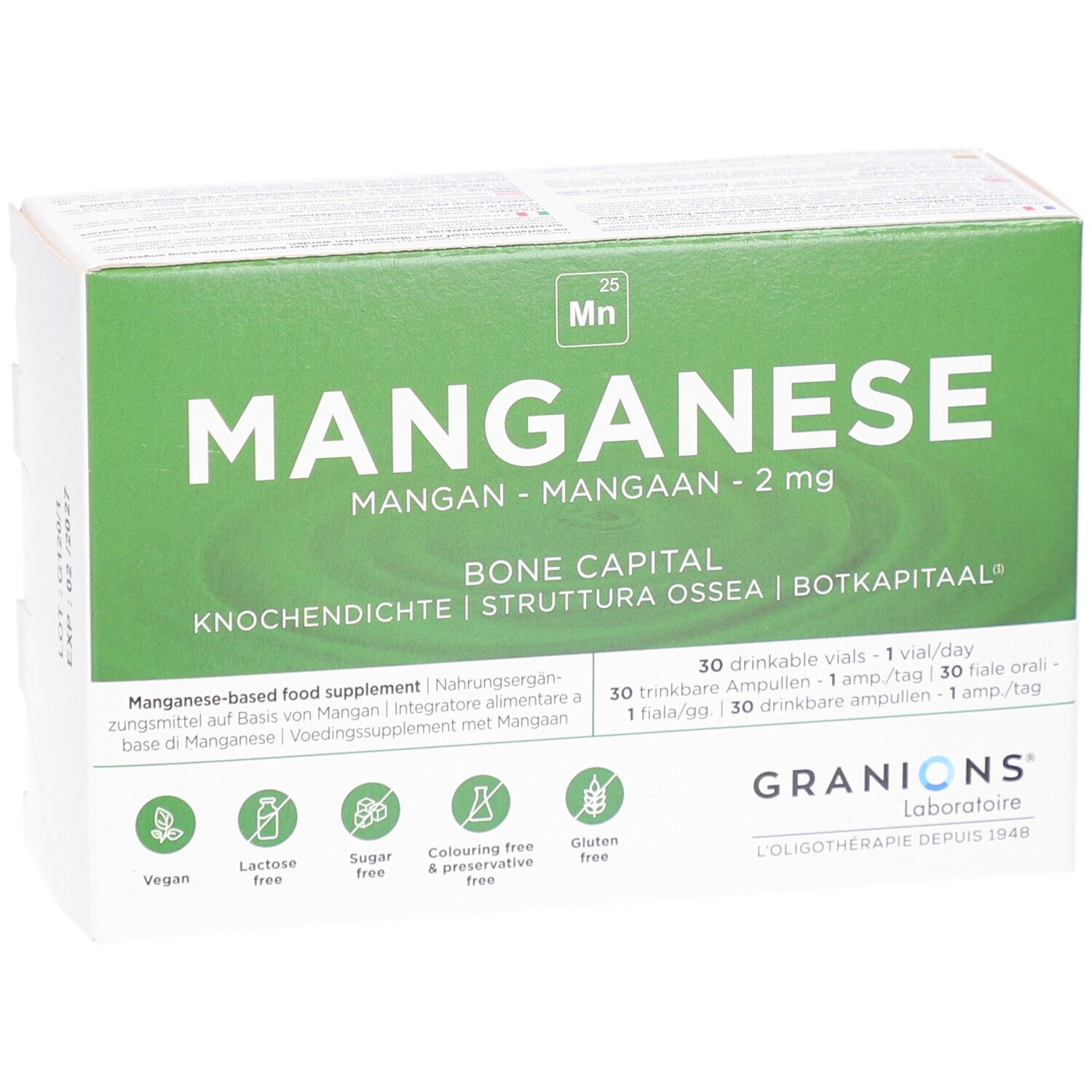 Boîte GRANIONS Manganèse. Inscription: Manganèse, 2 mg, densité osseuse. Contient 30 ampoules buvables. Vegan, sans lactose, sans sucre, sans colorant ni conservateur, sans gluten.