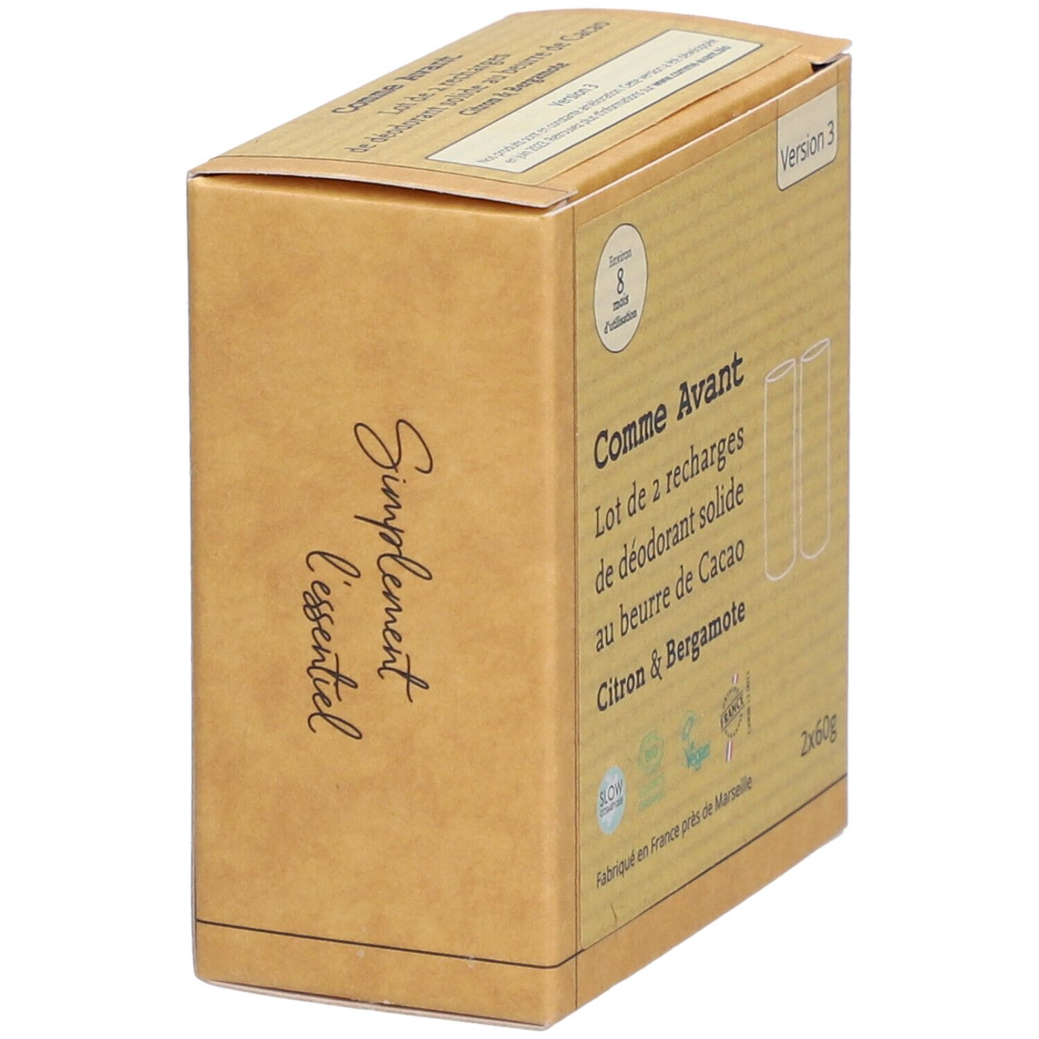 Vue latérale d'une boîte en carton. Texte: Comme Avant, Lot de a recharges de déodorant solide au beurre de Cacao, Citron & Bergamote. Inscription: Supplément essentiel.