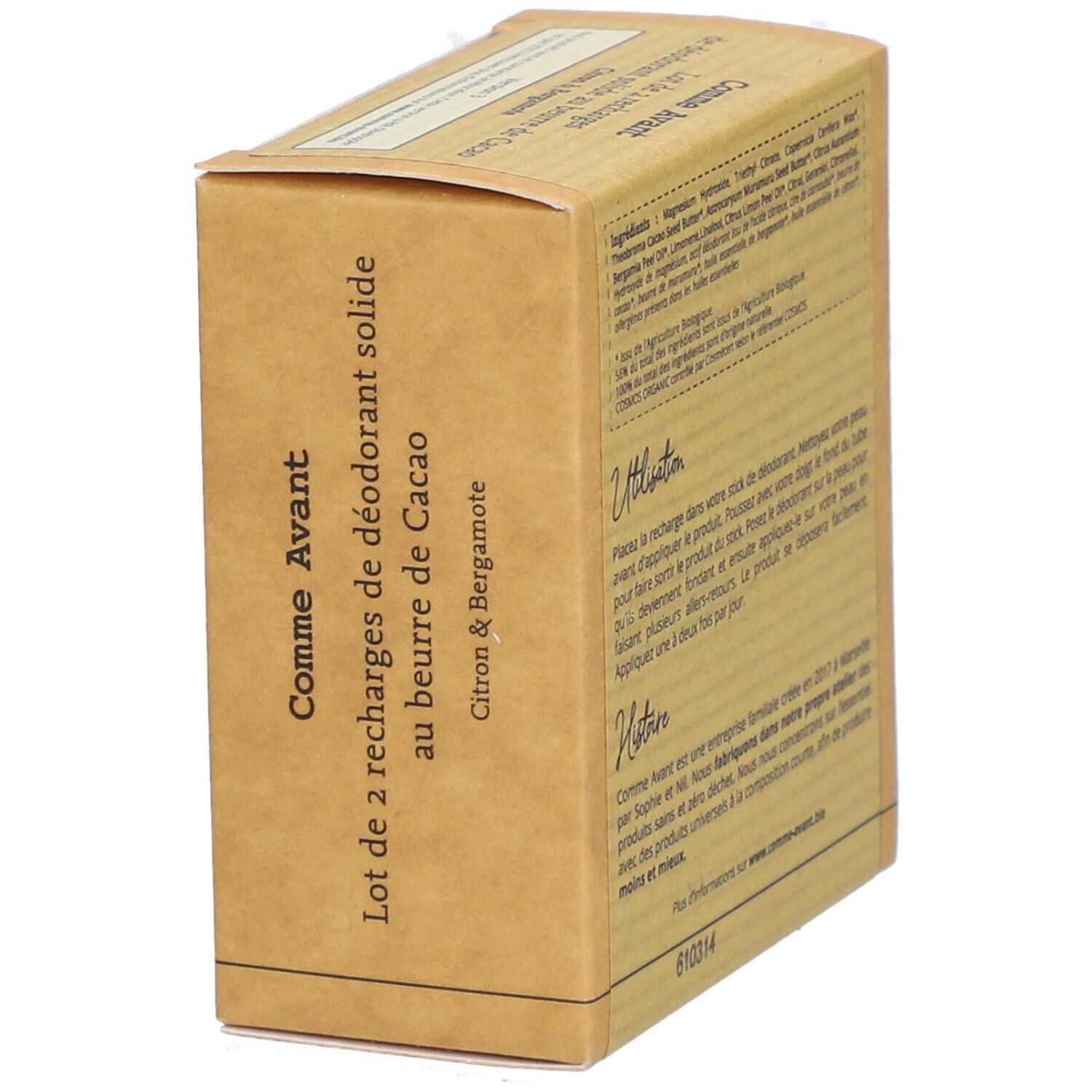 Vue latérale de la boîte en carton. Texte: Comme Avant, Lot de 2 recharges de déodorant solide au beurre de Cacao, Citron & Bergamote. Code: 610314.