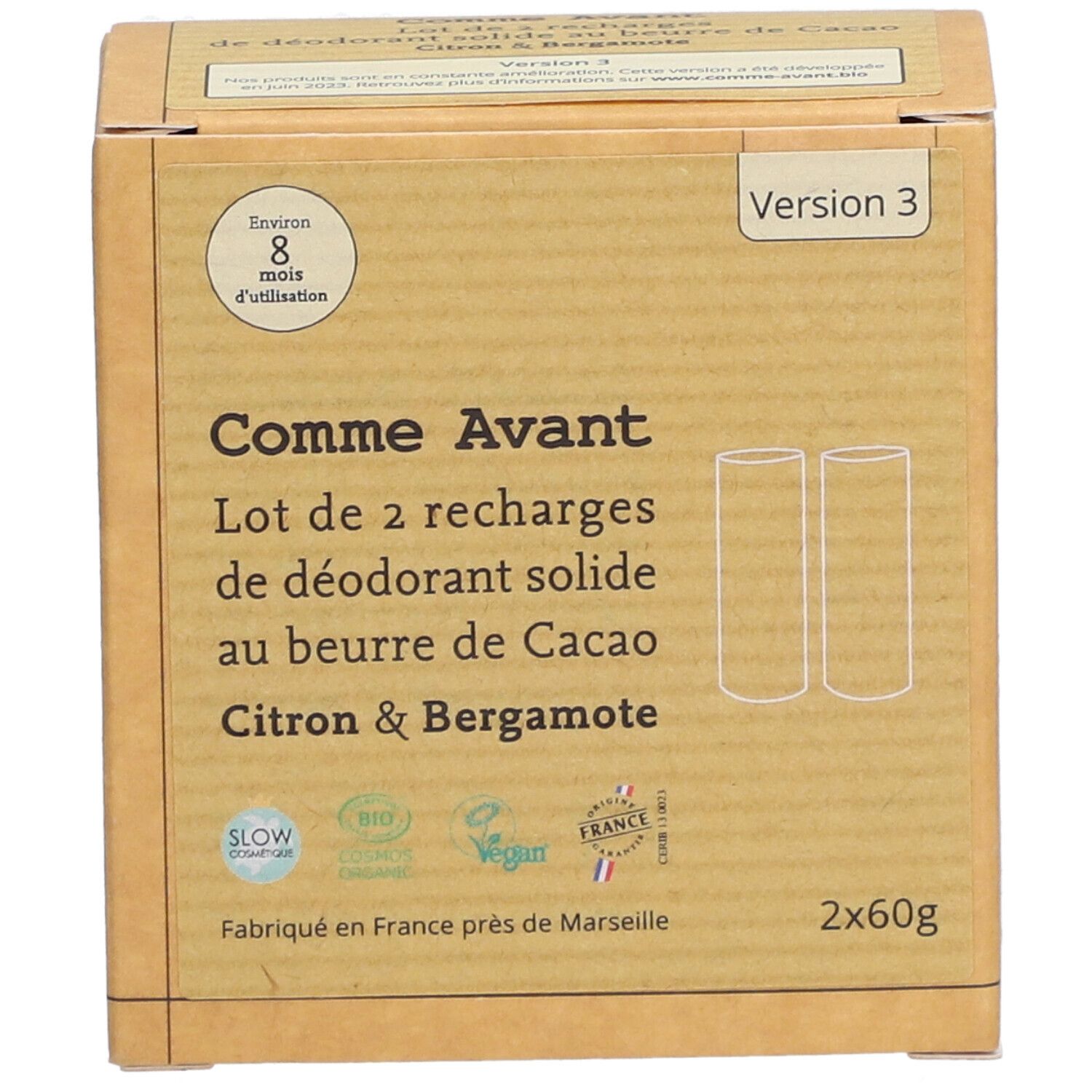 Boîte en carton avec informations produit. Texte: Comme Avant, Lot de 2 recharges de déodorant solide, Citron & Bergamote. 2x60g. Logos.