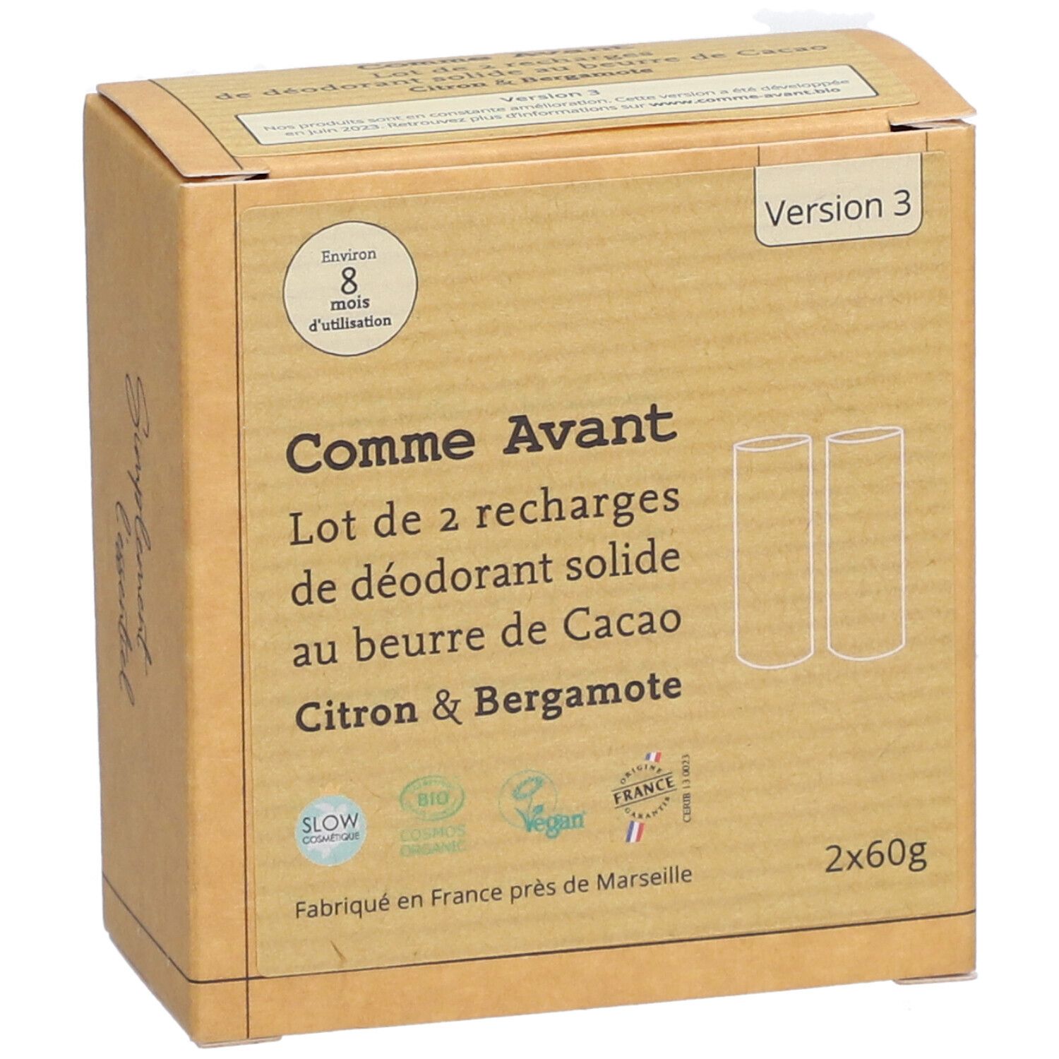 Boîte en carton avec informations produit. Texte: Comme Avant, Lot de 2 recharges de déodorant solide, Citron & Bergamote. 2x60g. Logos.