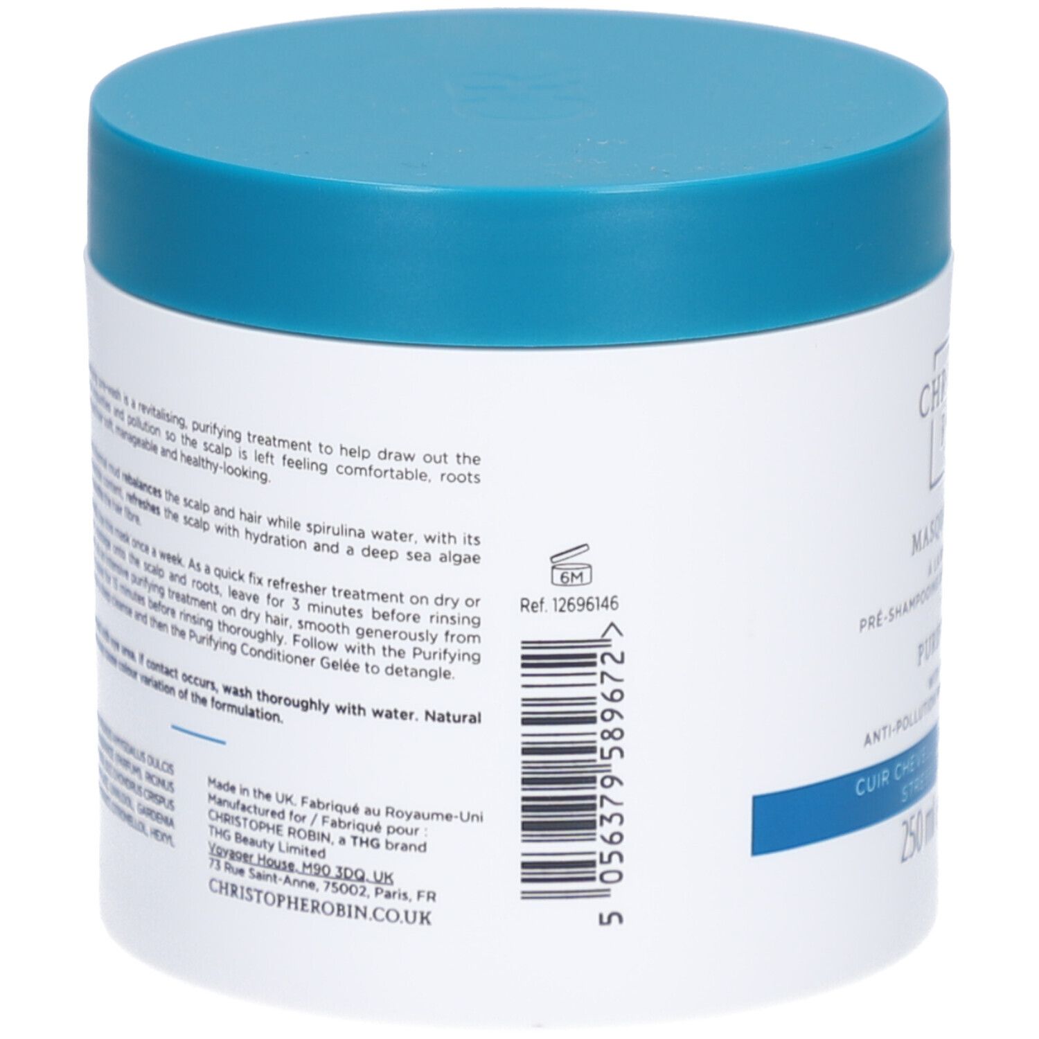 Dos du pot blanc à couvercle bleu. Texte et code-barres. Informations du fabricant.