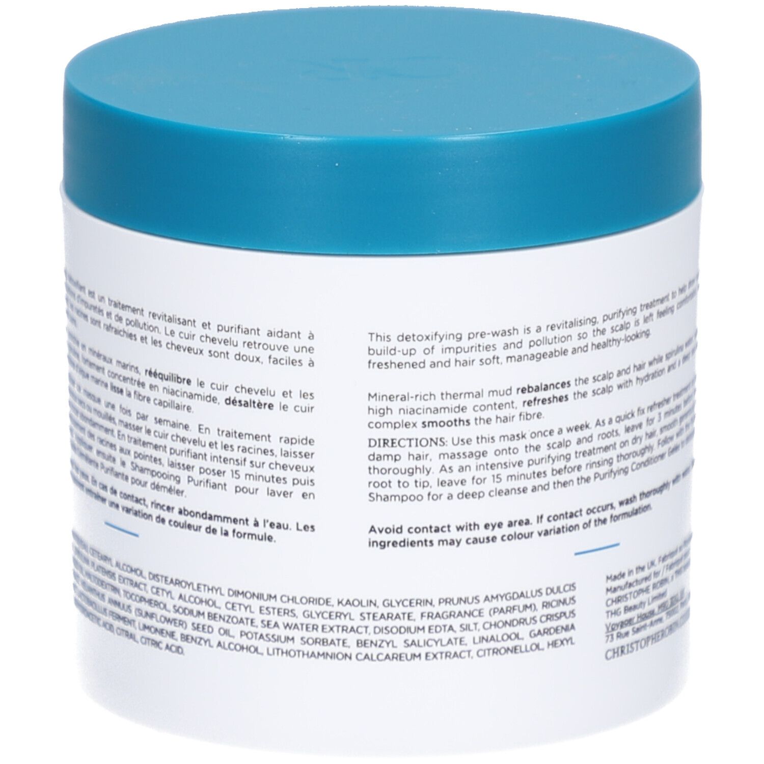 Dos du pot blanc à couvercle bleu. Texte avec ingrédients et instructions d'utilisation.